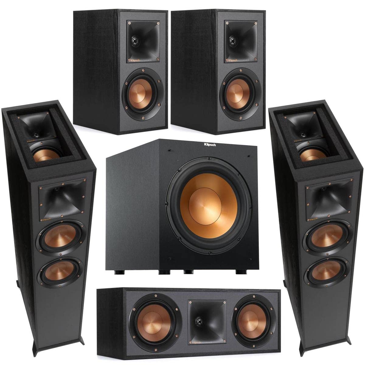 Klipsch Reference 5.1 Home Theater System with 2X R-625FA Dolby Atmos Floorstanding Speaker, R-12SW 12″ 400W Powered Subwoofer, R-52C Two-Way Center Channel, R-41M Bookshelf Speakers (Pair), Black