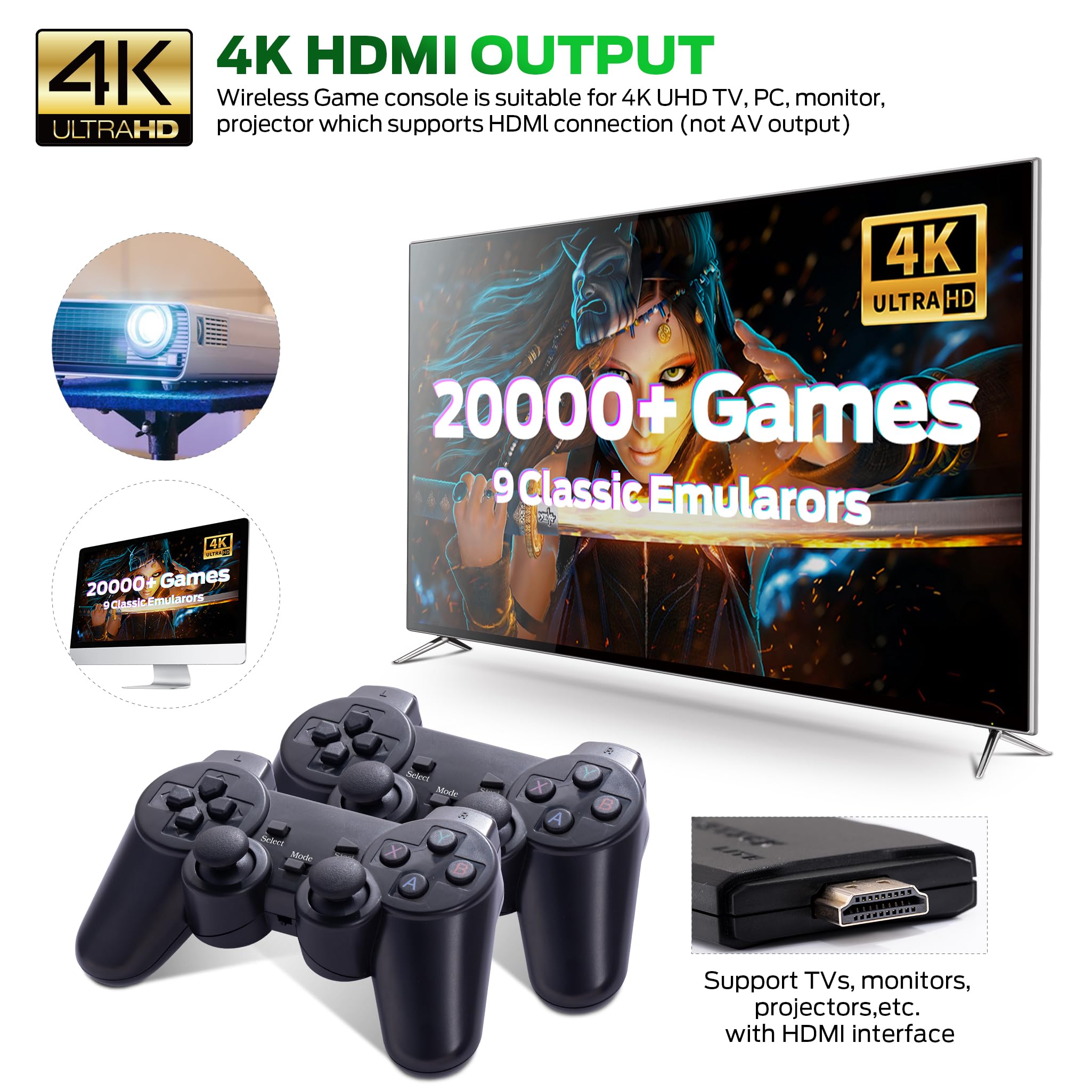 Retro Gaming Console, Retro Game Stick, Revisit Video Games with Built-in 9 Emulators, 20,000+ Games, 4K HDMI Output, and 2.4GHz Wireless Game Stick, for TV Plug and Play Game Console