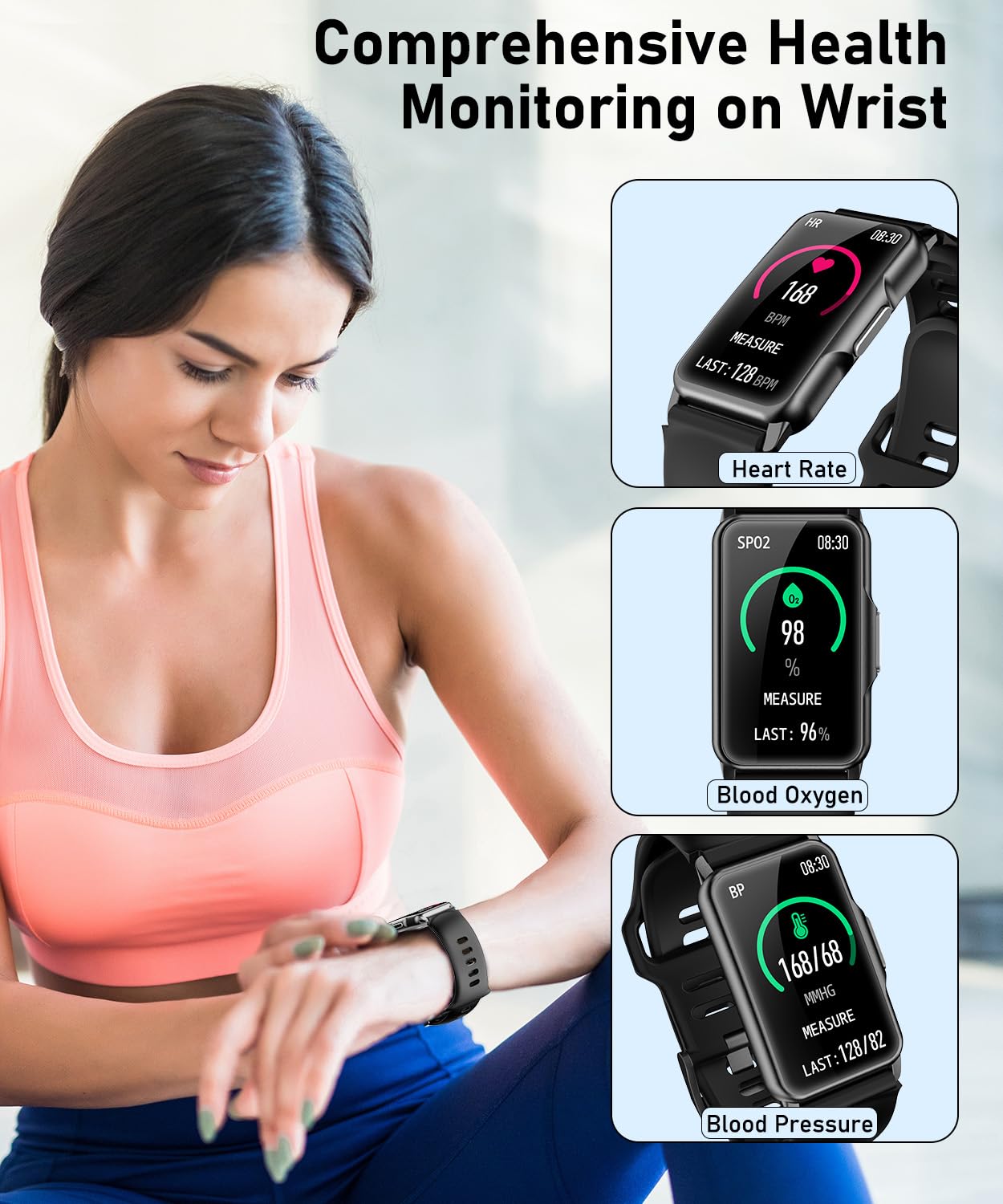 Smart Watch Fitness Tracker with Heart Rate Blood Oxygen Blood Pressure Monitor Sleep Tracker 120+ Sports Modes Activity Trackers Step Calorie Counter IP68 Waterproof for Andriod iPhone Women Men