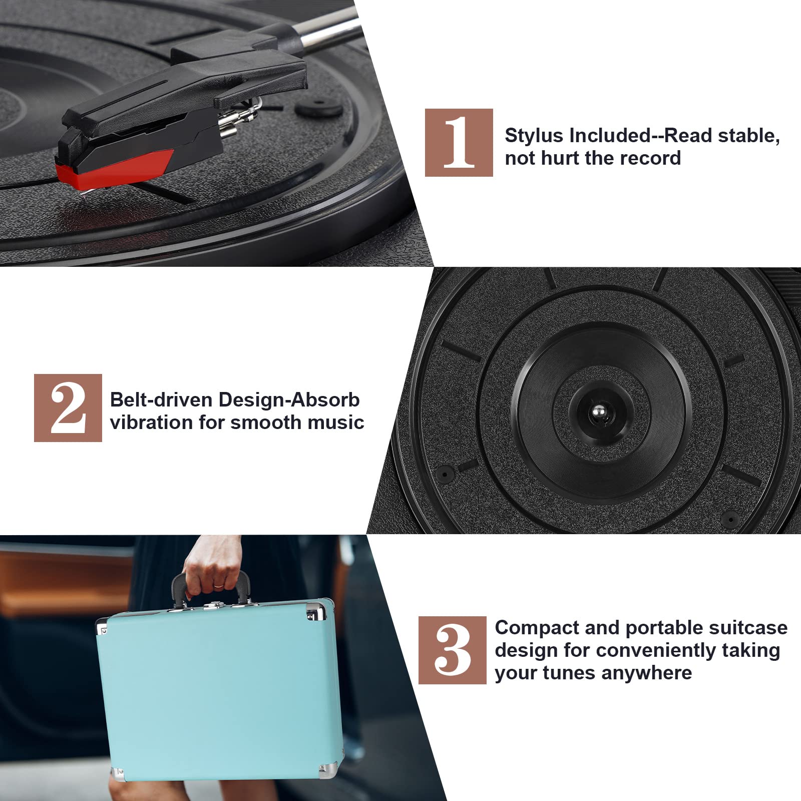 Vinyl Record Player, 3 Speeds Belt Driven Suitcase Portable Turntable for Vinyl Records with Built-in Speakers/RCA Output/Aux in/Headphone Jack/ 45 Adapter Black