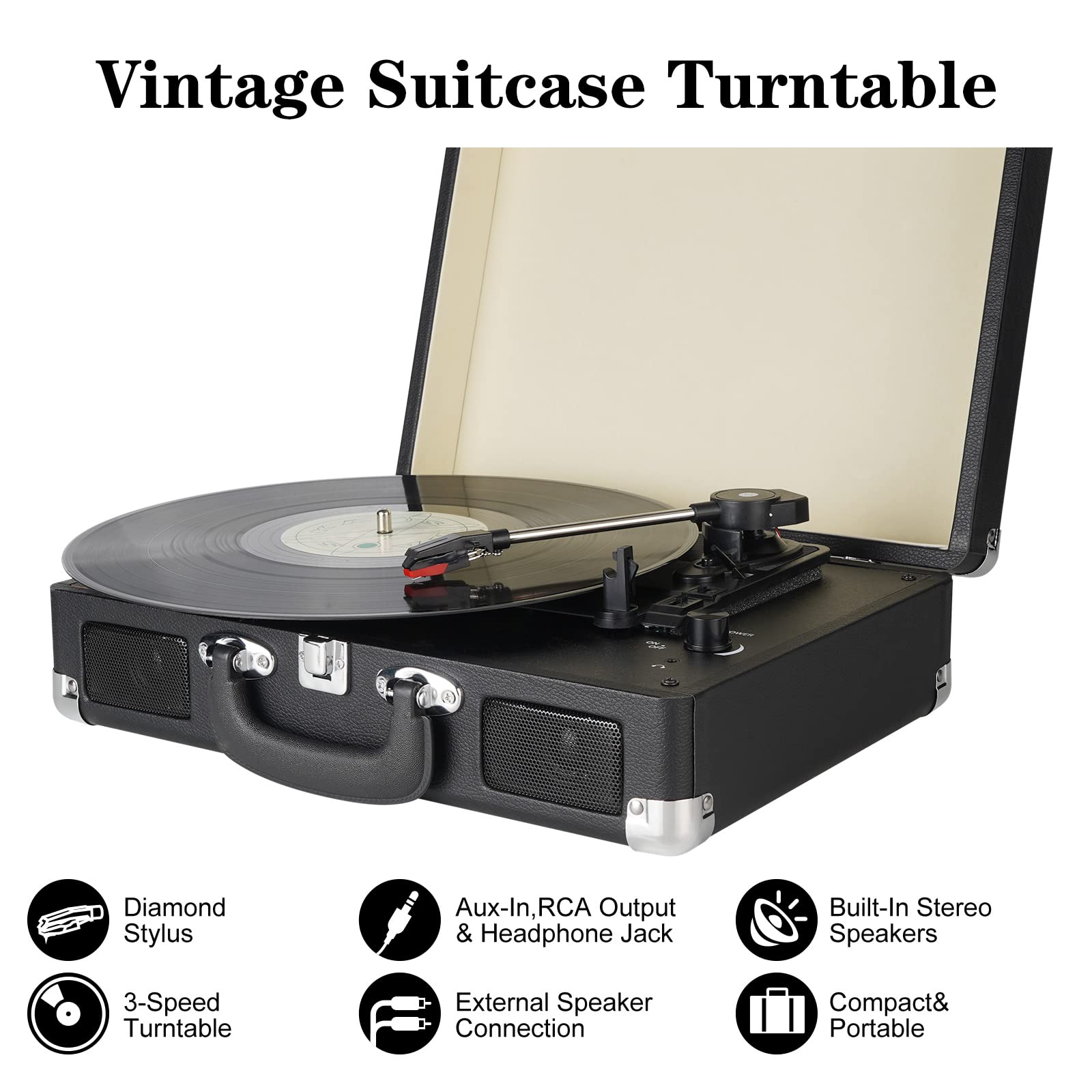 Vinyl Record Player, 3 Speeds Belt Driven Suitcase Portable Turntable for Vinyl Records with Built-in Speakers/RCA Output/Aux in/Headphone Jack/ 45 Adapter Black