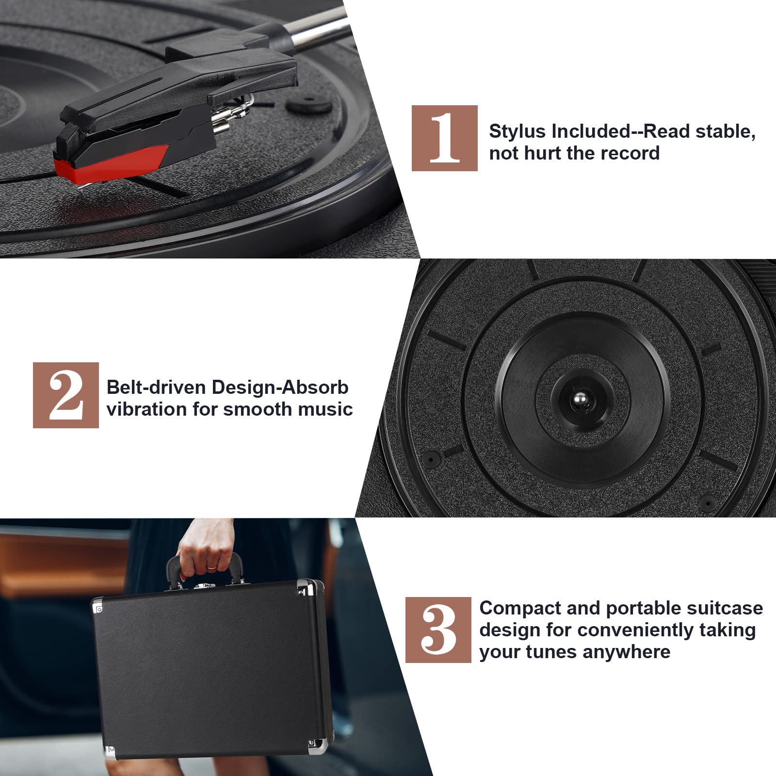 Vinyl Record Player, 3 Speeds Belt Driven Suitcase Portable Turntable for Vinyl Records with Built-in Speakers/RCA Output/Aux in/Headphone Jack/ 45 Adapter Black