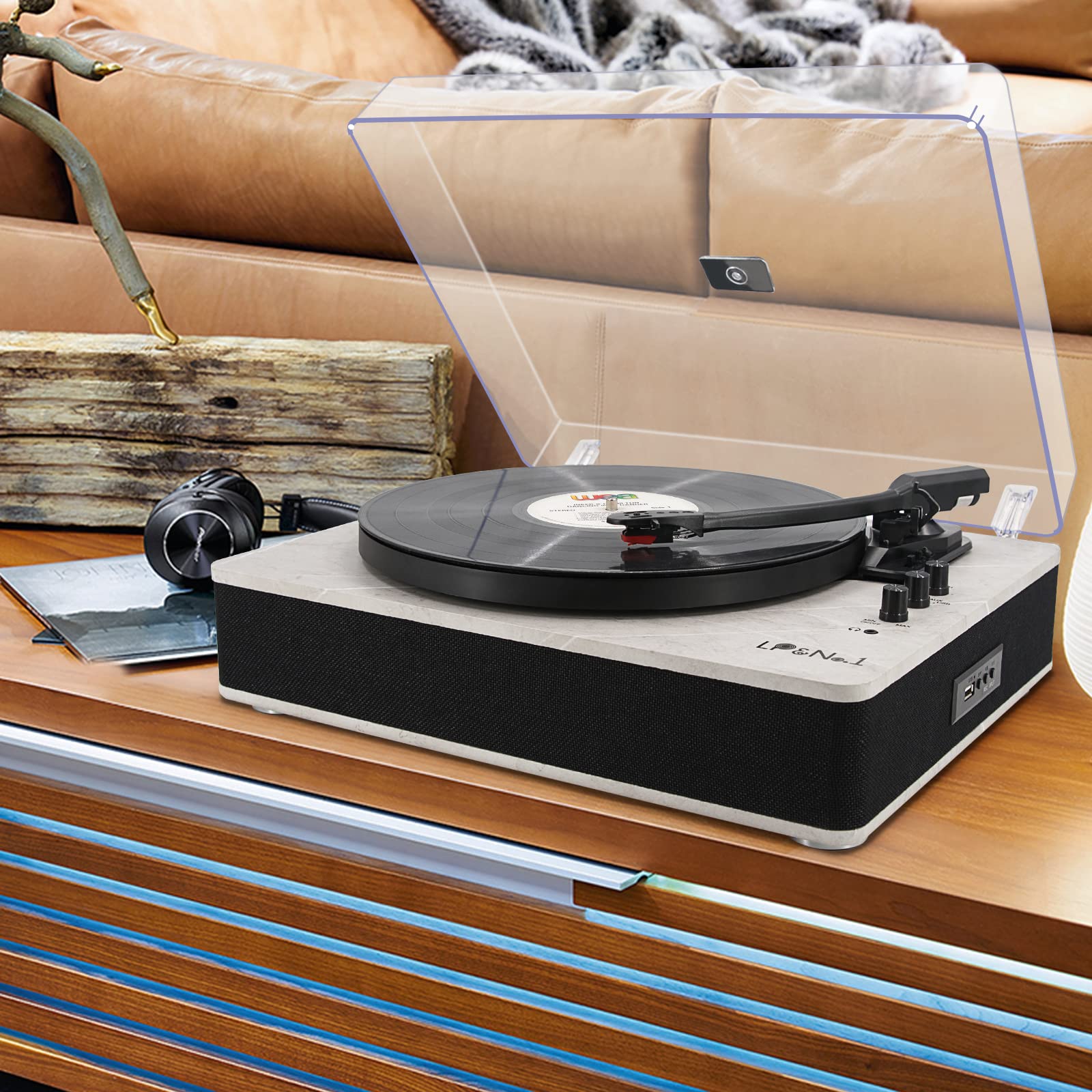 Record Player Vinyl Turntables with Built-in Speakers and USB Play&Recording Belt-Driven Vintage Phonograph Record Player 3 Speed for Entertainment and Home Decoration(Black Wood)