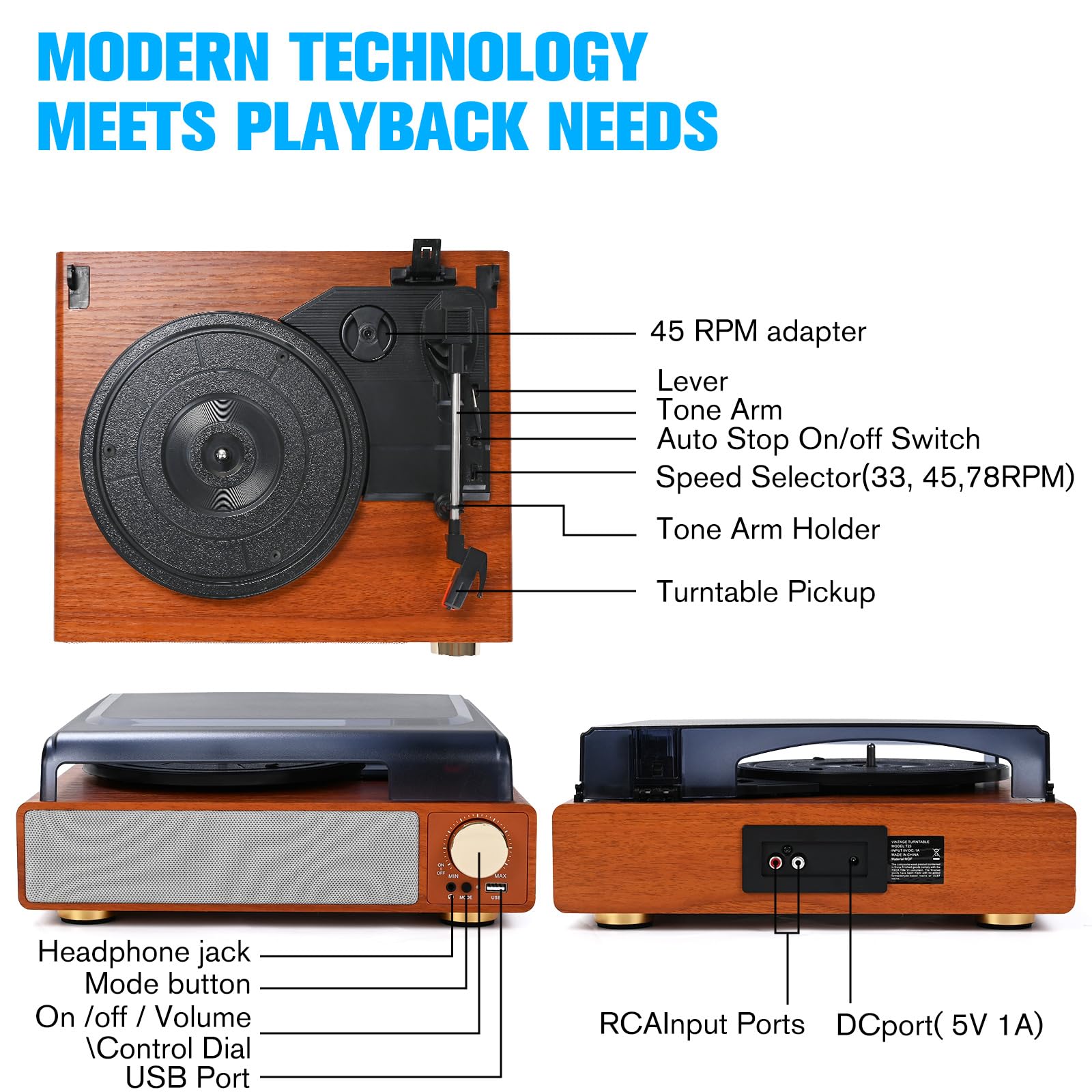 Vinyl Record Player Turntable,Built-in Bluetooth & 2 Stereo Speakers,Vinyl Record Player 3 Speed 3 Size Turntables for Vinyl Records,Headphone,Auto Stop,RCA Line Portable Record Player Yellow