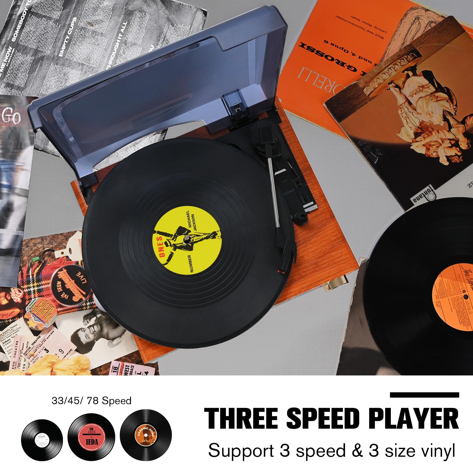 Vinyl Record Player Turntable,Built-in Bluetooth & 2 Stereo Speakers,Vinyl Record Player 3 Speed 3 Size Turntables for Vinyl Records,Headphone,Auto Stop,RCA Line Portable Record Player Yellow