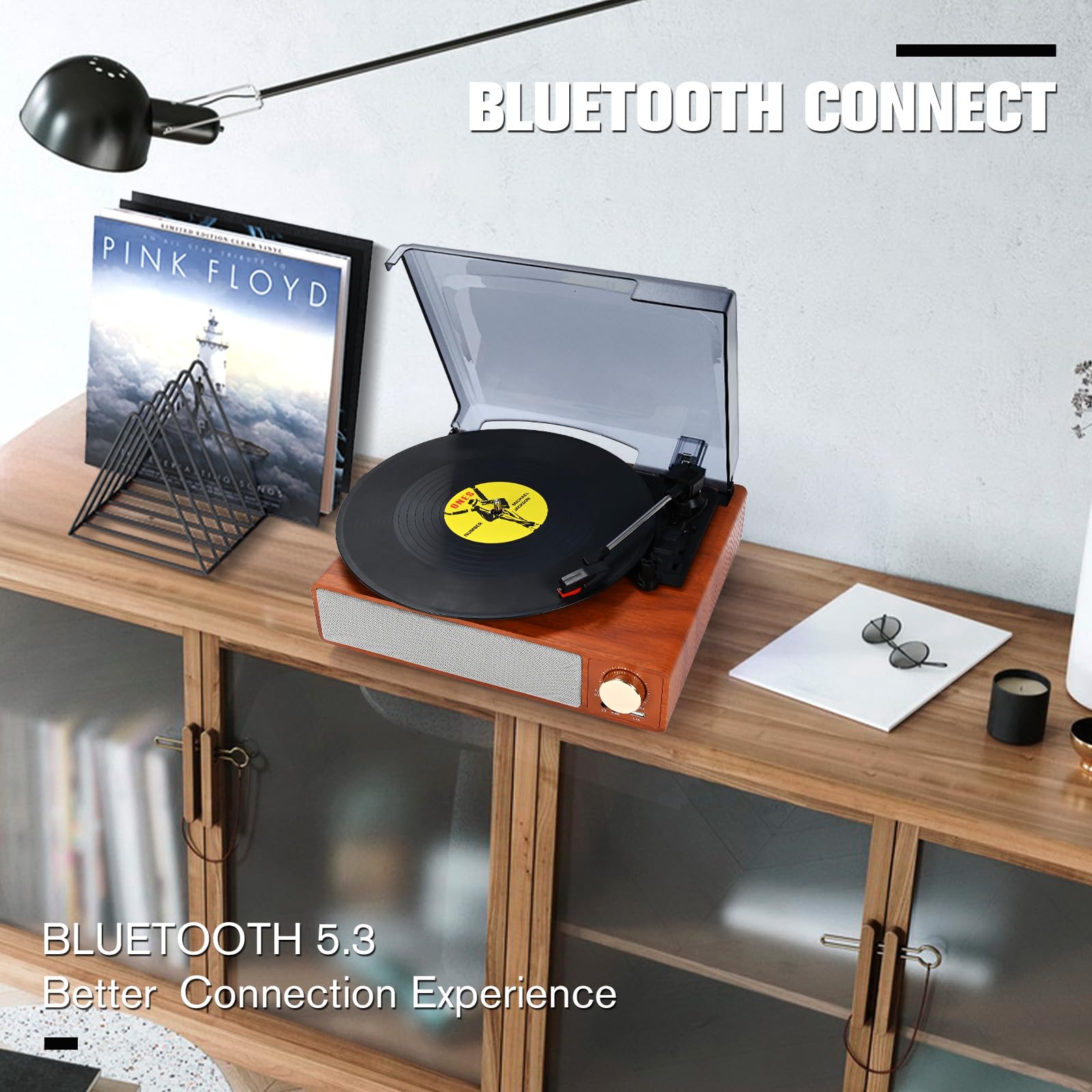 Vinyl Record Player Turntable,Built-in Bluetooth & 2 Stereo Speakers,Vinyl Record Player 3 Speed 3 Size Turntables for Vinyl Records,Headphone,Auto Stop,RCA Line Portable Record Player Yellow