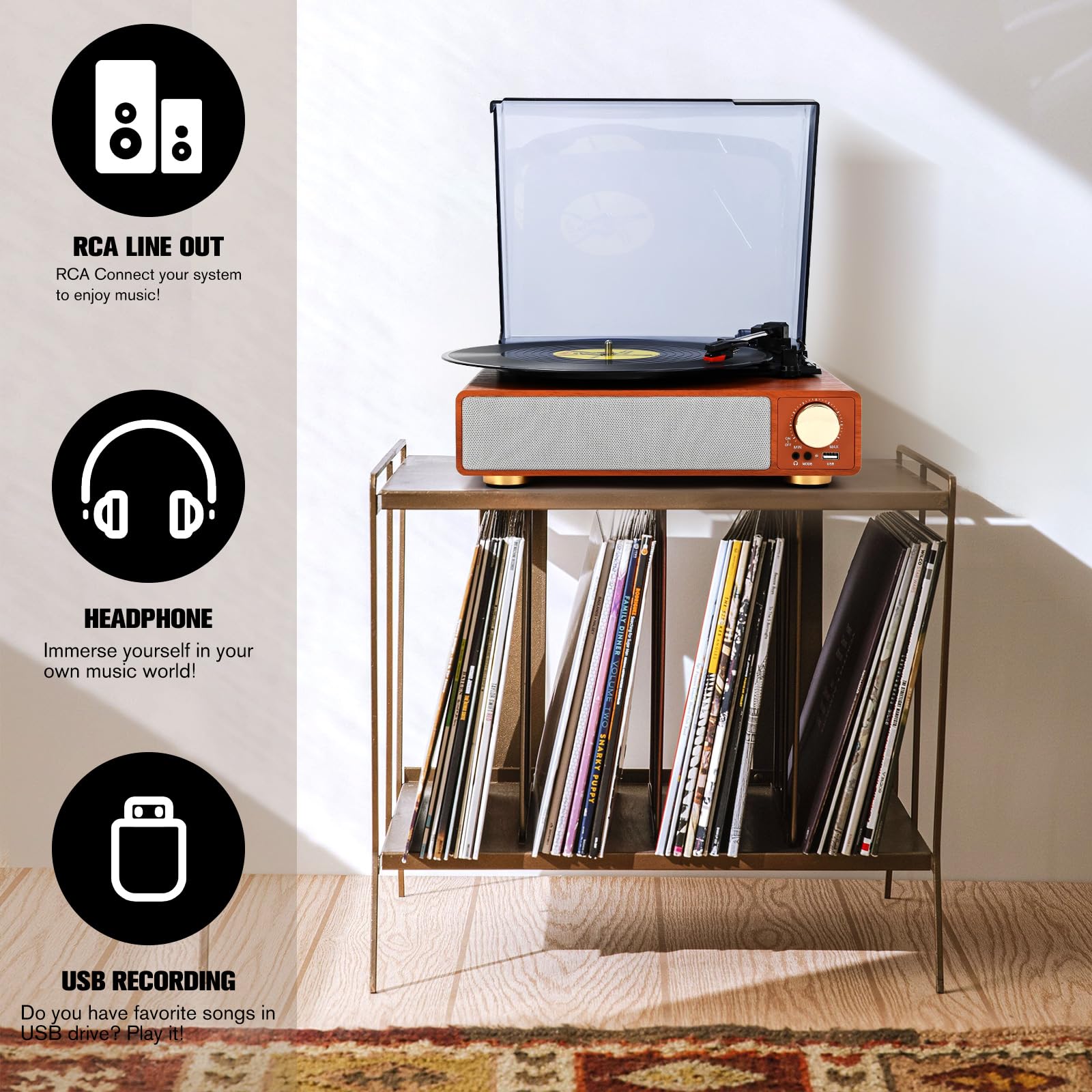 Vinyl Record Player Turntable,Built-in Bluetooth & 2 Stereo Speakers,Vinyl Record Player 3 Speed 3 Size Turntables for Vinyl Records,Headphone,Auto Stop,RCA Line Portable Record Player Yellow