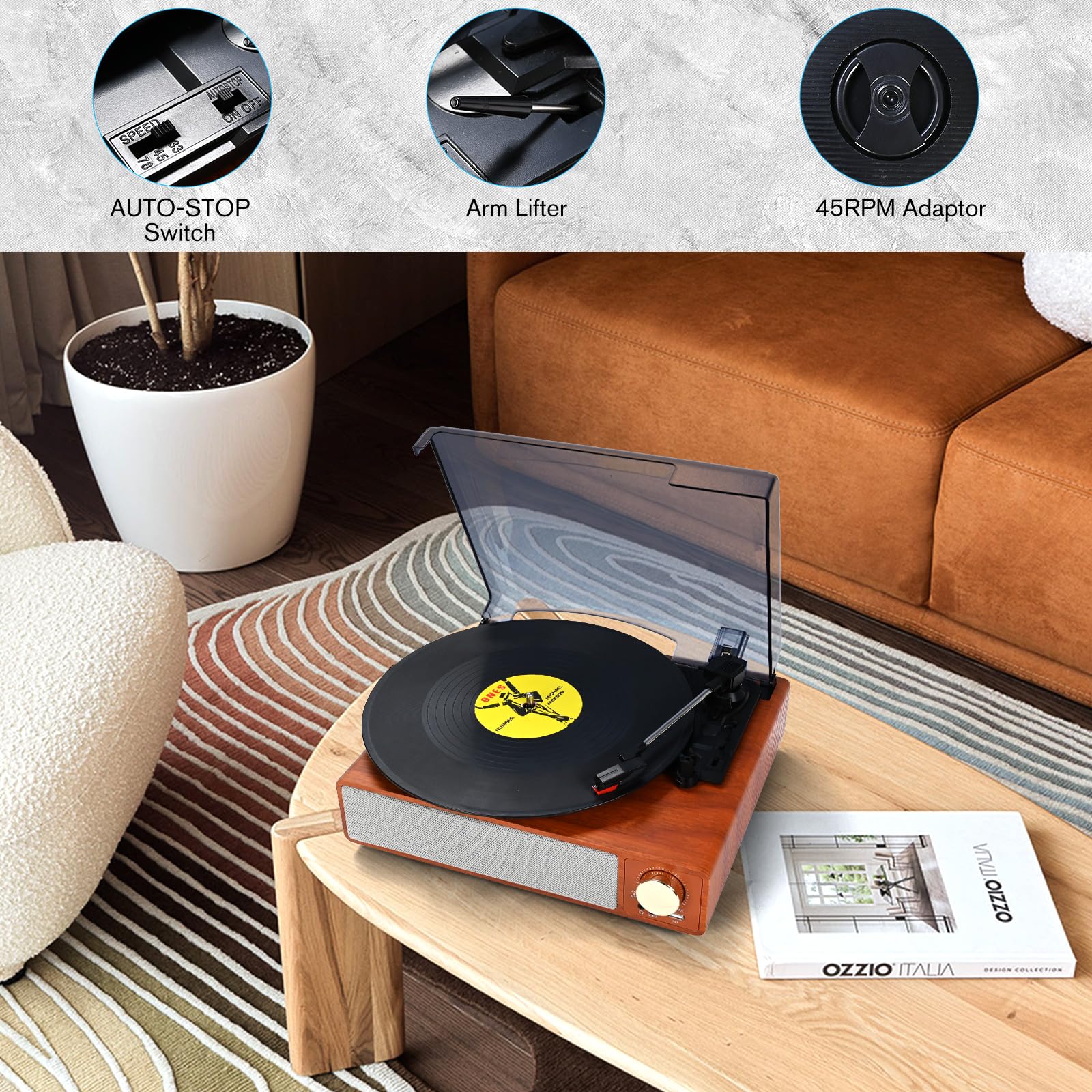Vinyl Record Player Turntable,Built-in Bluetooth & 2 Stereo Speakers,Vinyl Record Player 3 Speed 3 Size Turntables for Vinyl Records,Headphone,Auto Stop,RCA Line Portable Record Player Yellow
