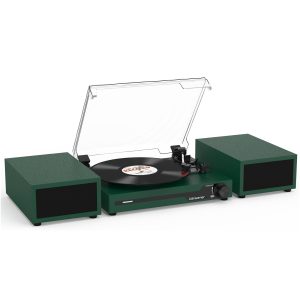 Vinyl Record Player with External Speakers BT 5.3 Wireless Turntable Portable with 3 Speed USB Vintage Wooden Brown