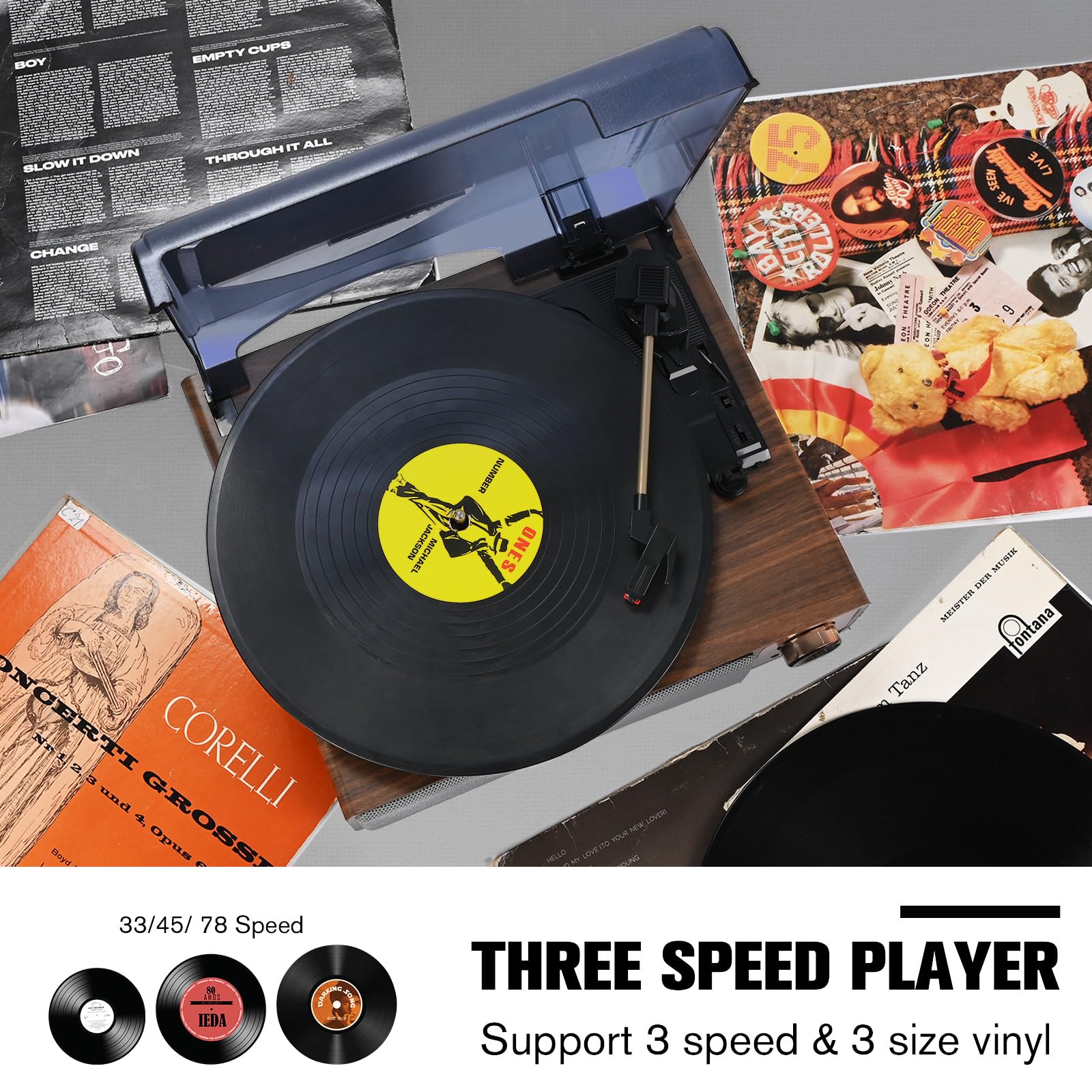 Vinyl Record Player Turntable,Built-in Bluetooth & 2 Stereo Speakers,Record Player 3 Speed 3 Size Turntables for Vinyl Records,Headphone,Auto Stop,RCA Line (Brown)