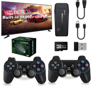 Wireless Retro Game Console Stick, Nostalgia Stick Game, 25,000+ Games & 9 Emulators Built in, 4K HDMI Output, 2.4G Wireless Controllers (64G)