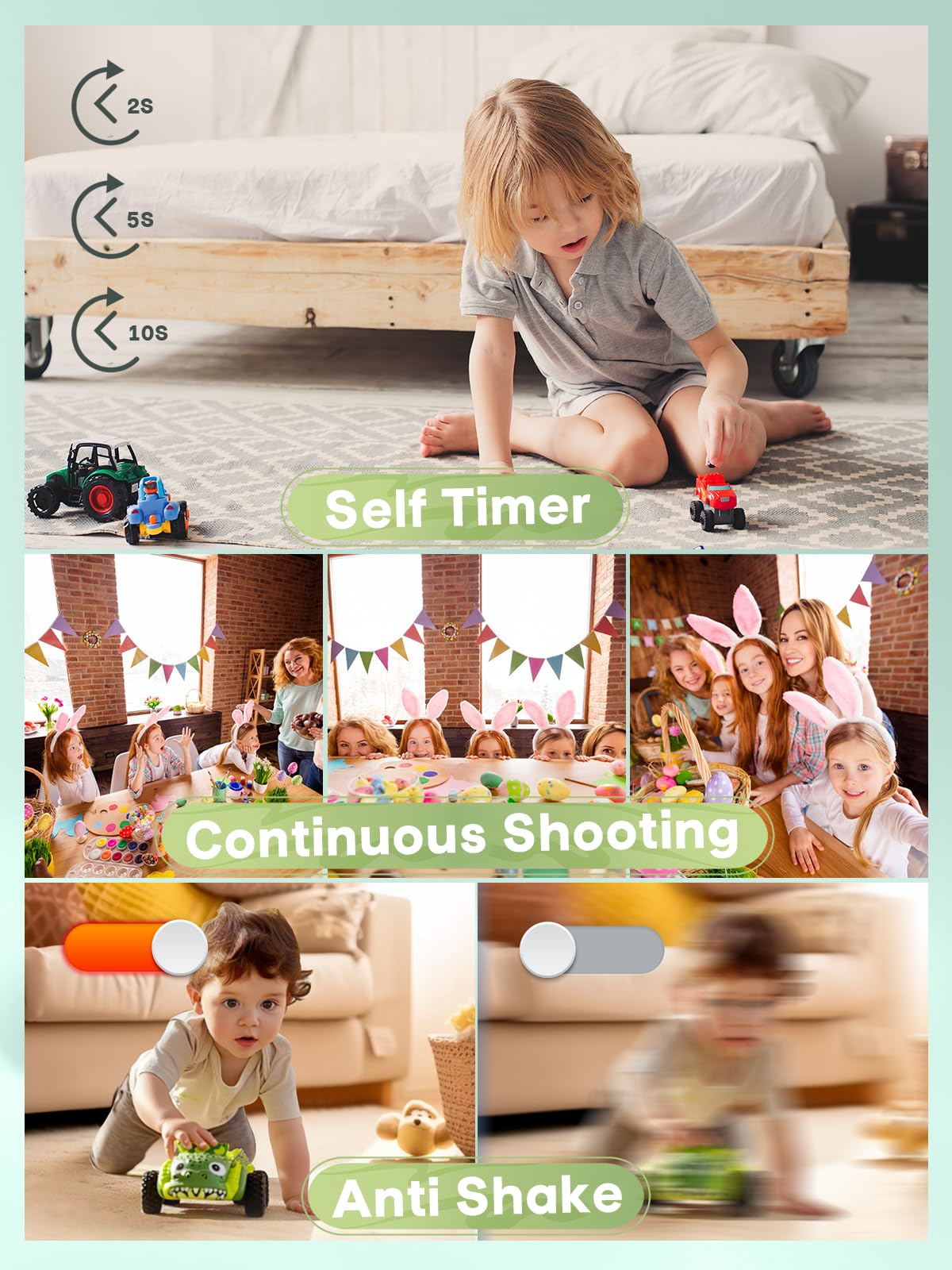 2025 Digital Camera, Kids Camera1080P, Vlog Camera with 64GB Card,16X Zoom Anti Shake, Card Reader, 44MP Compact Portable Small Point Shoot Camera Green Gift for Kid Student Children Teen Girl Boy