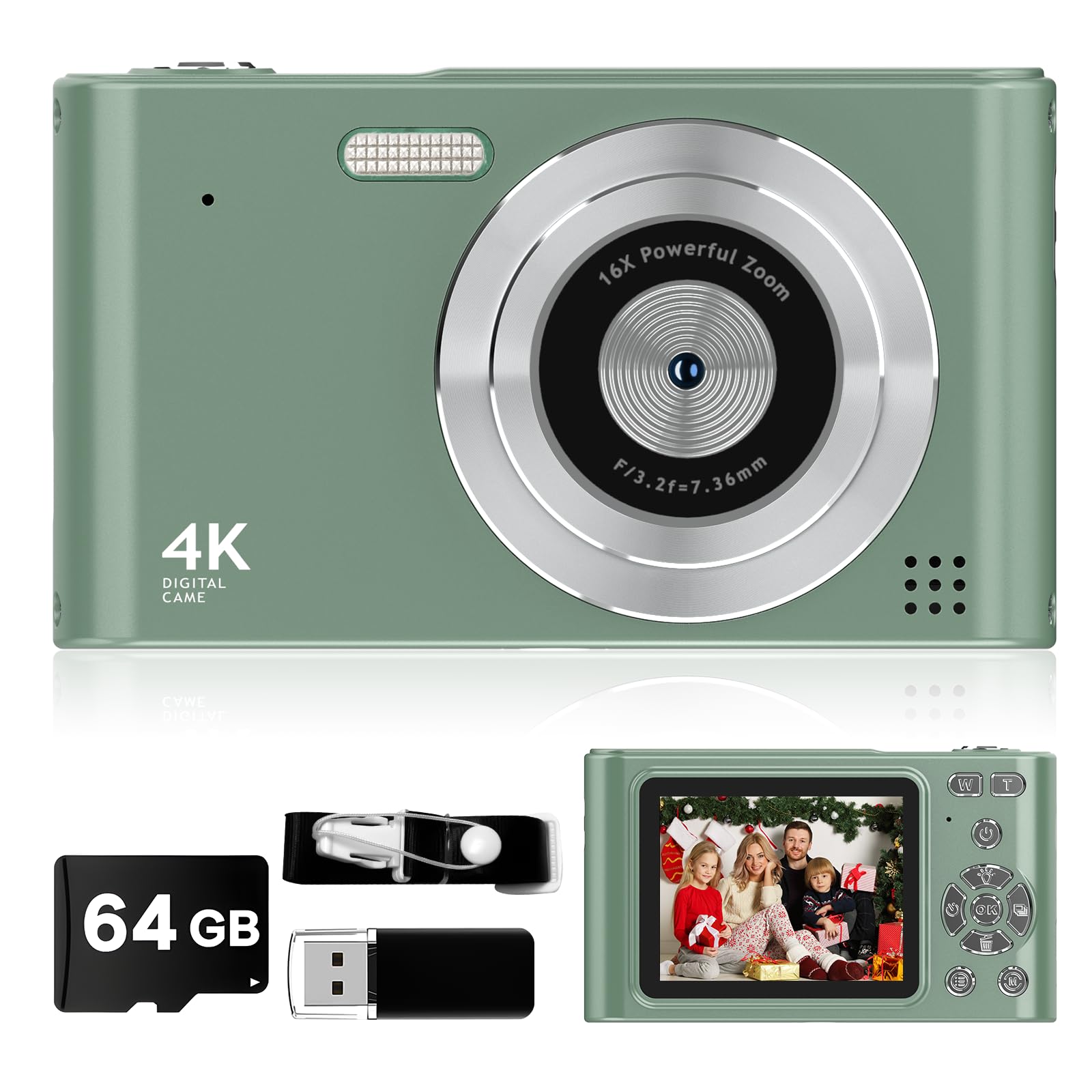 2025 Digital Camera, Kids Camera1080P, Vlog Camera with 64GB Card,16X Zoom Anti Shake, Card Reader, 44MP Compact Portable Small Point Shoot Camera Green Gift for Kid Student Children Teen Girl Boy