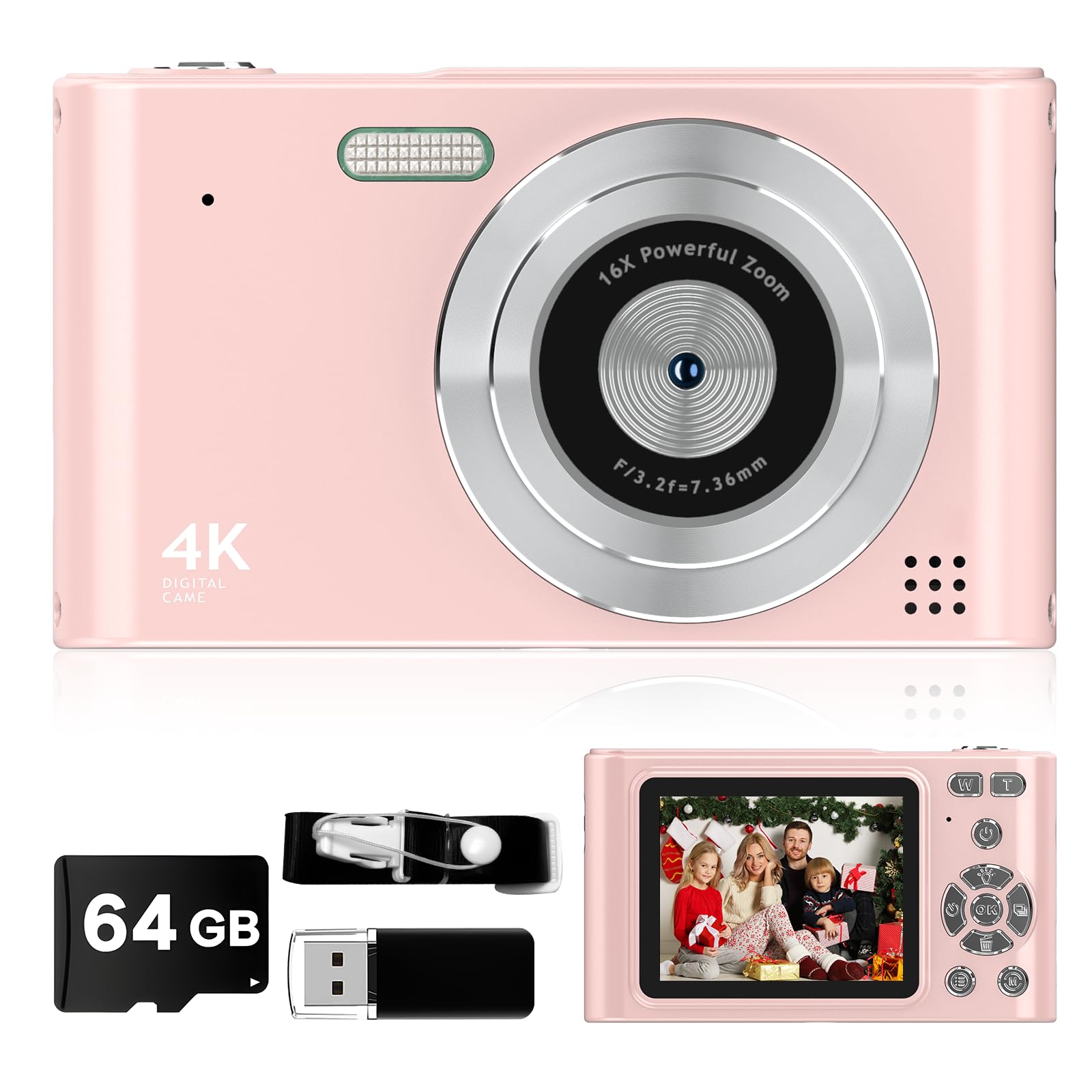 2025 Digital Camera, Kids Camera1080P, Vlog Camera with 64GB Card,16X Zoom Anti Shake, Card Reader, 44MP Compact Portable Small Point Shoot Camera Green Gift for Kid Student Children Teen Girl Boy
