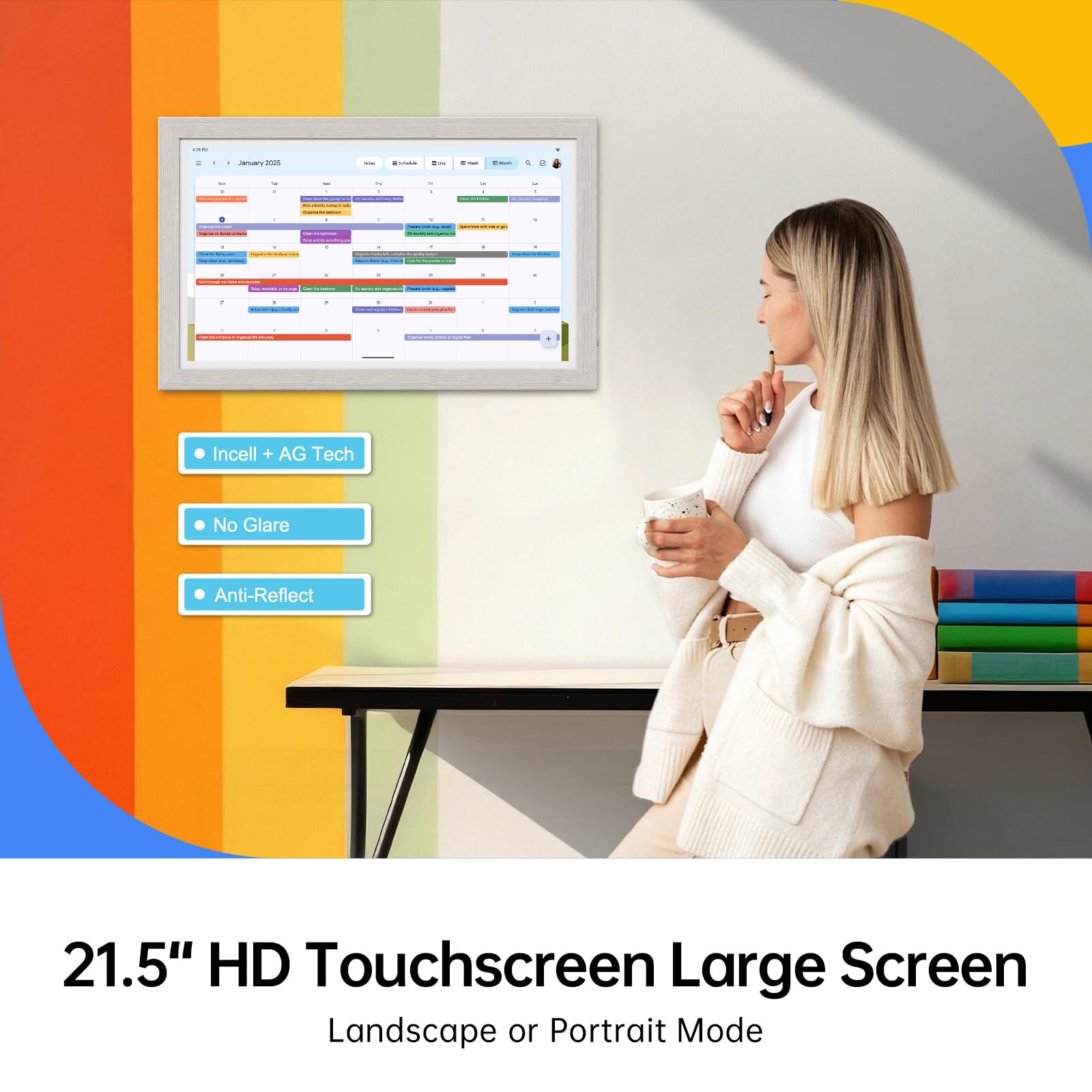 ApoloSign Digital Calendar: 21.5 Inch Electronic Calendar, Smart Touchscreen Interactive Display for Chore Chart, Family Schedules Planner, Supports All Apps via Google Play, Wall Mount-Spruce Gray