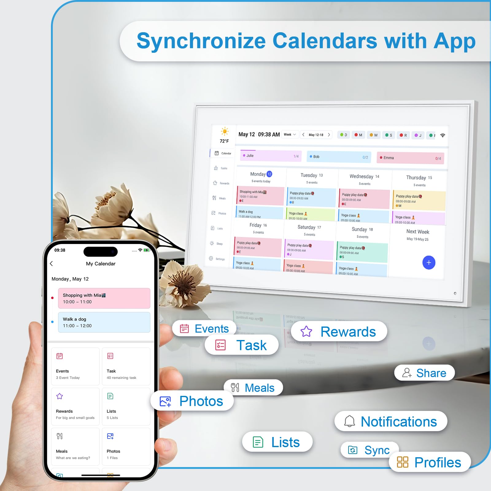 BQQJDD 15.6 Inch Digital Calendar, 2025 Planner & Chore Chart, 32GB WiFi Smart Organizer, HD Touch Screen Wall Calendar, Interactive Organizing Schedule, Meal Plan for Family, Includes Desk Mount