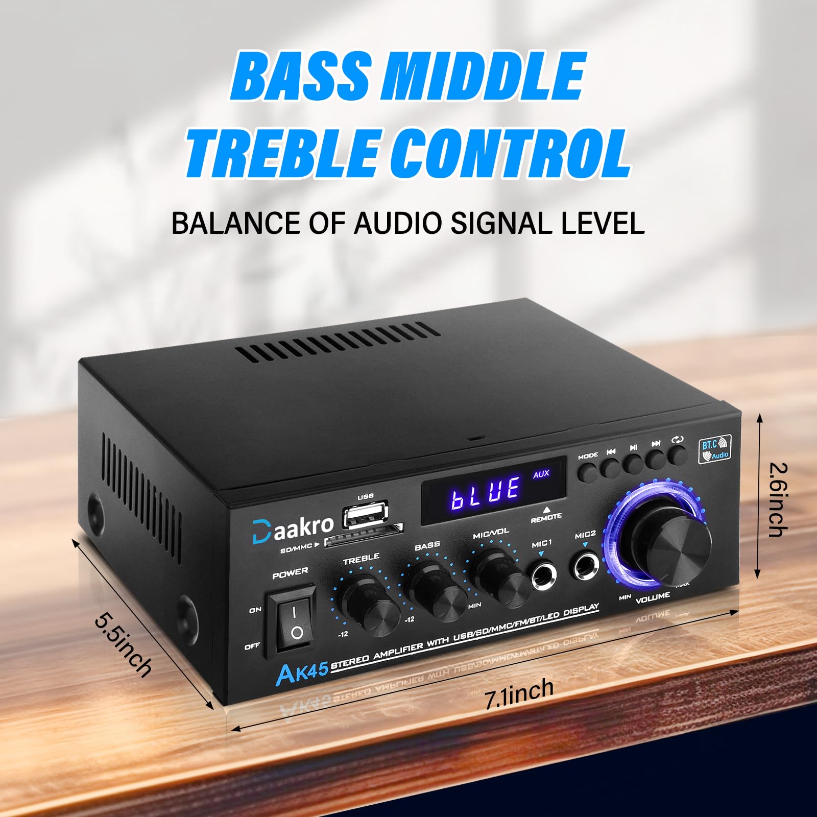 Daakro AK45 Stereo Audio Amplifier,300W Home 2 Channel Wireless Bluetooth 5.0 Power Amplifier System, Home Amplifiers FM Radio, USB, SD Card, with Remote Control Home Theater Audio Stereo System