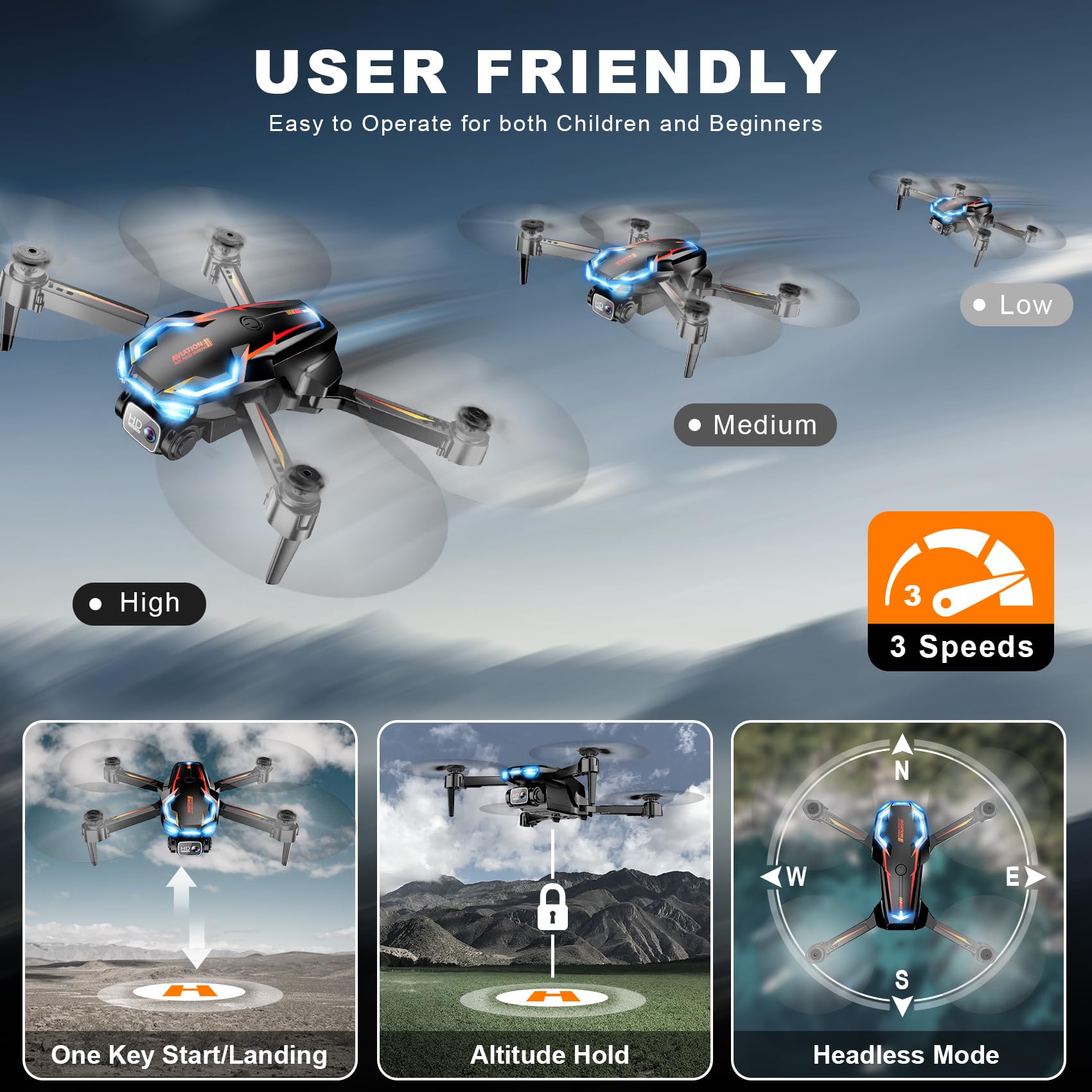 Drone with Camera for Adults, 2K HD FPV Drones with Upgrade Altitude Hold, One-Key Take Off/Landing, Speed Adjustment, Headless Mode, 2 Batteries, Toys Gifts for Teen Boys Girls, Beginner