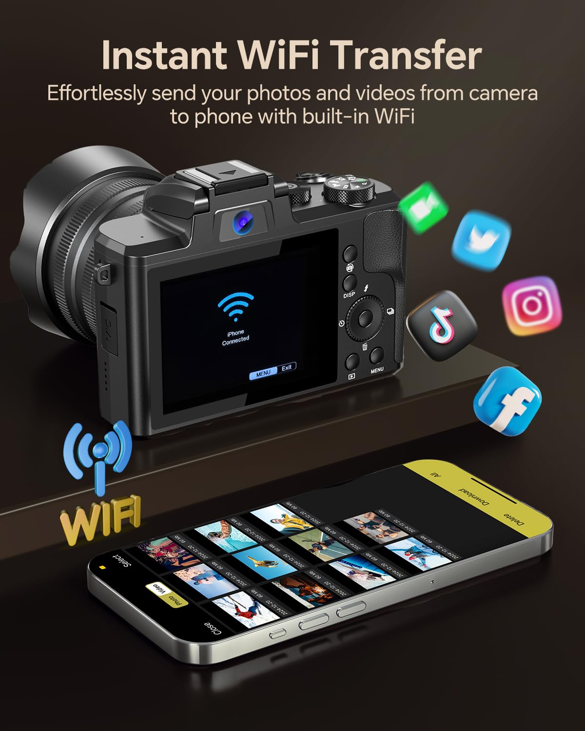 Fulealfly 8K Digital Camera for Photography, 88MP Autofocus WiFi Vlogging Camera for YouTube Video with Front and Rear Lens, Flash, Touch Screen, Lens Hood, 64GB Card, 2 Batteries(Black)
