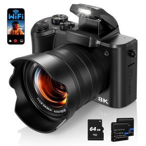 Fulealfly 8K Digital Camera for Photography, 88MP Autofocus WiFi Vlogging Camera for YouTube Video with Front and Rear Lens, Flash, Touch Screen, Lens Hood, 64GB Card, 2 Batteries(Black)