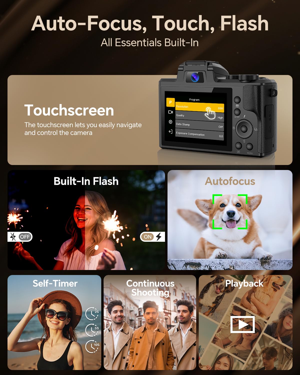 Fulealfly 8K Digital Camera for Photography, 88MP Autofocus WiFi Vlogging Camera for YouTube Video with Front and Rear Lens, Flash, Touch Screen, Lens Hood, 64GB Card, 2 Batteries(Black)