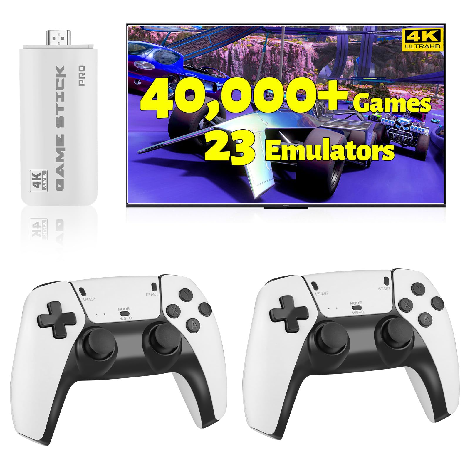 HRYYDS 2025 Retro Gaming Console Pro 4K HDMI with 40,000+ Built-in Classic Video Games - Plug & Play Game Stick for TV with 2 Wireless Controllers | 23 Emulator Support 64GB