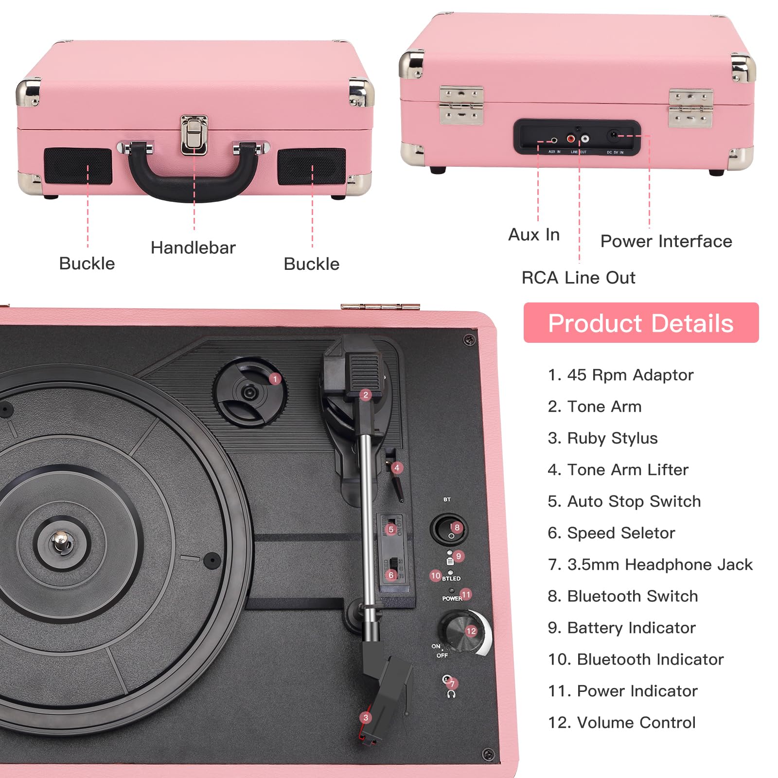 JORLAI White Stylish Record Player 3-Speed Portable Suitcase Turntable with Bluetooth, 3.5mm Audio Jack Vinyl Phonograph with Built-in Speakers/Battery 3.5mm Aux-in/RCA Line Out