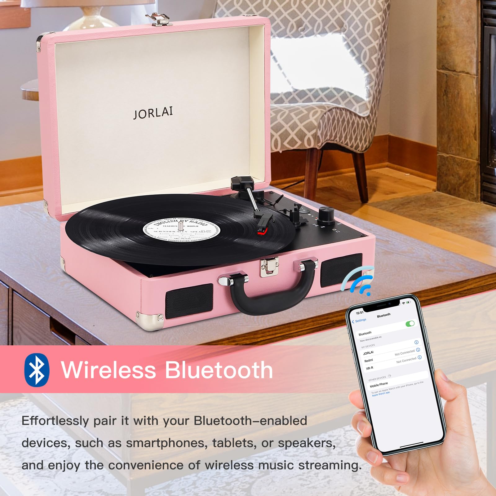 JORLAI White Stylish Record Player 3-Speed Portable Suitcase Turntable with Bluetooth, 3.5mm Audio Jack Vinyl Phonograph with Built-in Speakers/Battery 3.5mm Aux-in/RCA Line Out