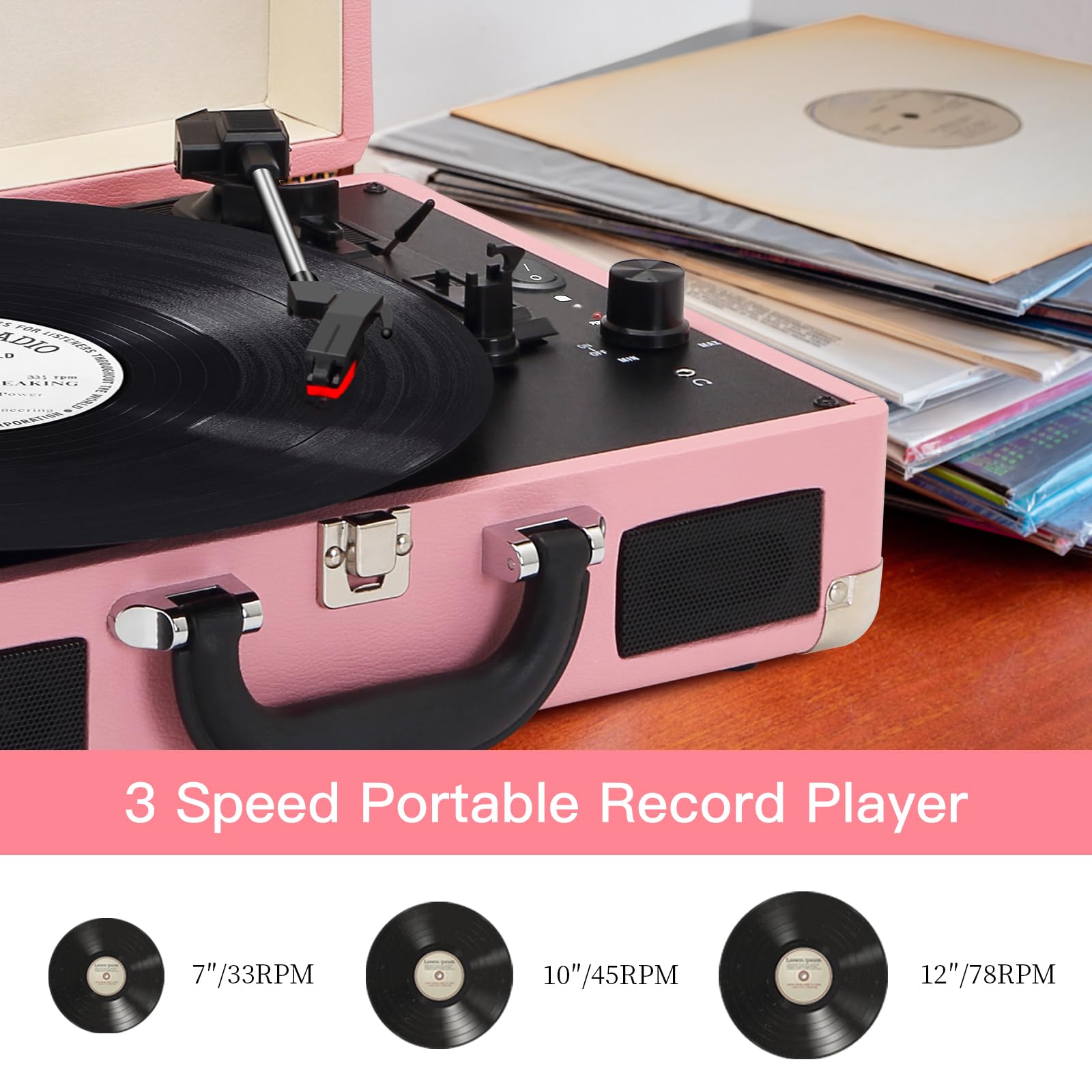 JORLAI White Stylish Record Player 3-Speed Portable Suitcase Turntable with Bluetooth, 3.5mm Audio Jack Vinyl Phonograph with Built-in Speakers/Battery 3.5mm Aux-in/RCA Line Out