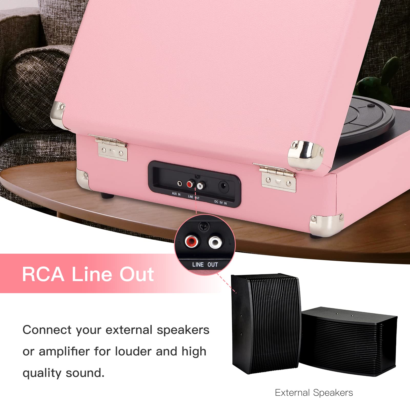 JORLAI White Stylish Record Player 3-Speed Portable Suitcase Turntable with Bluetooth, 3.5mm Audio Jack Vinyl Phonograph with Built-in Speakers/Battery 3.5mm Aux-in/RCA Line Out
