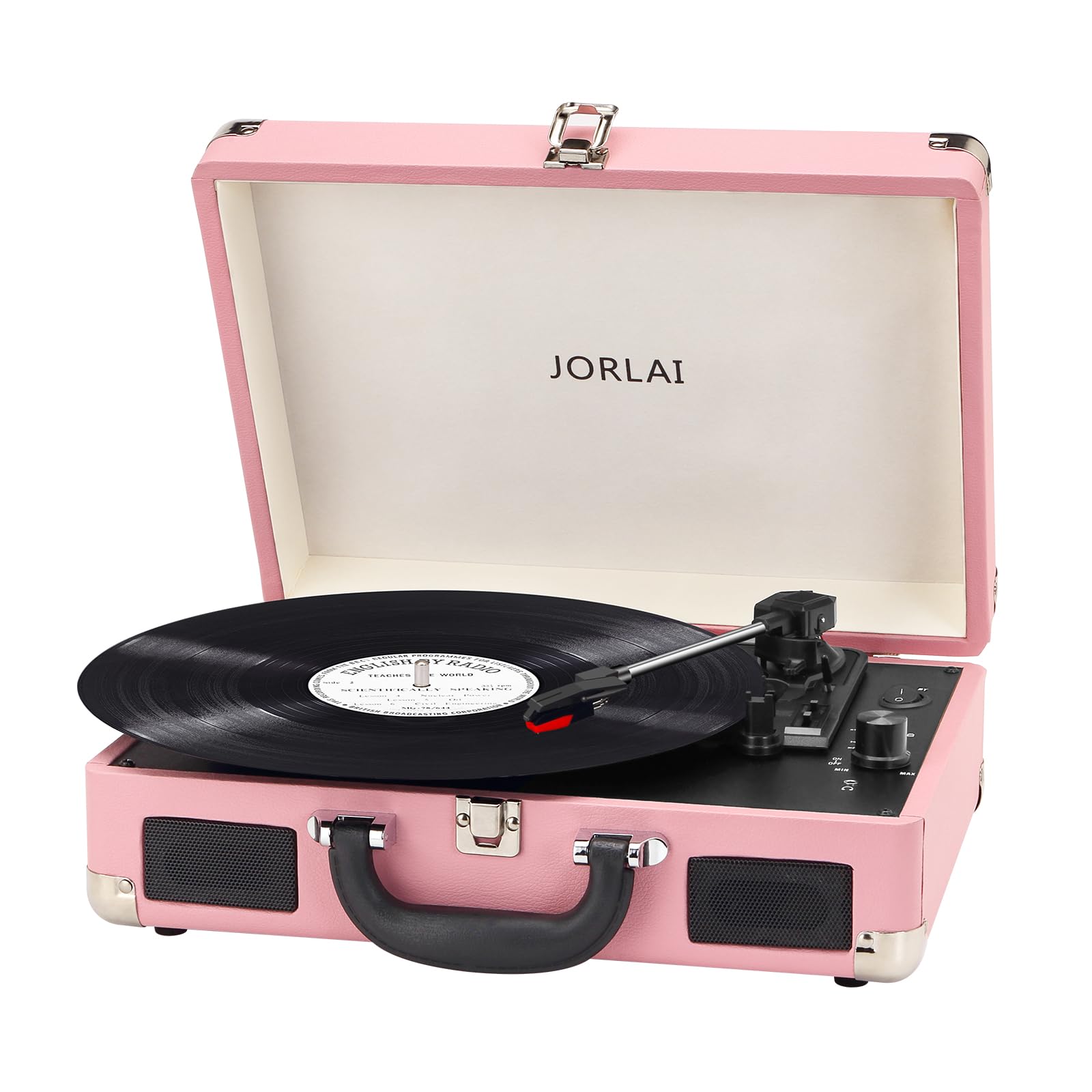 JORLAI White Stylish Record Player 3-Speed Portable Suitcase Turntable with Bluetooth, 3.5mm Audio Jack Vinyl Phonograph with Built-in Speakers/Battery 3.5mm Aux-in/RCA Line Out