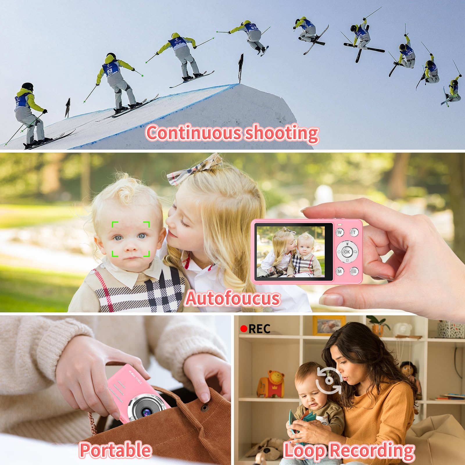 LIIUU Digital Camera, 4K 64MP UHD 18X Autofocus Digital Zoom with 64GB Micro SD Card 2.8 Inch IPS Screen, Portable Compact Point and Shoot Vlogging Camera for Photography Teens Beginner Adult, Pink