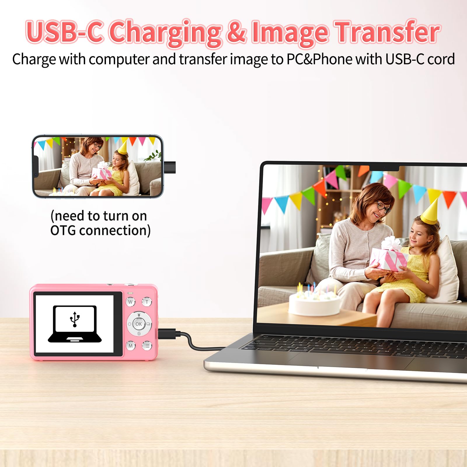 LIIUU Digital Camera, 4K 64MP UHD 18X Autofocus Digital Zoom with 64GB Micro SD Card 2.8 Inch IPS Screen, Portable Compact Point and Shoot Vlogging Camera for Photography Teens Beginner Adult, Pink