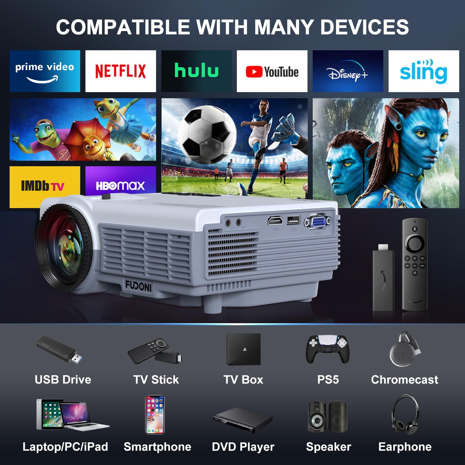 Projector with WiFi and Bluetooth, FUDONI Upgrade Projector Native 1080P 14000L 4K Supported, Portable Movie Outdoor Projector for Home Theater, Compatible w HDMI/USB/TV Stick/Laptop/iOS Android Phone