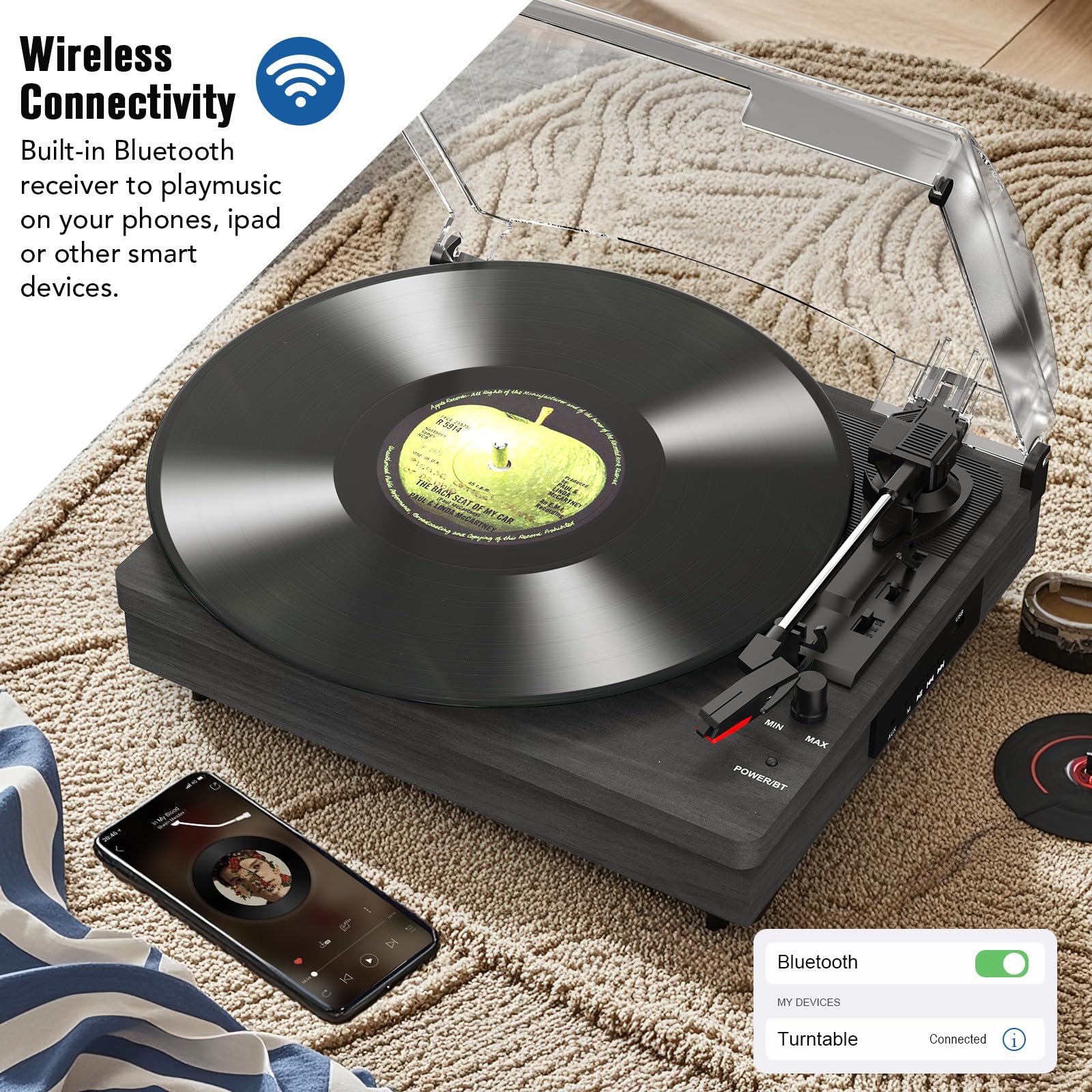 Record Player with Two Speakers Bluetooth Playback Turntable with 3 Speed AUX Headphone Input and RCA Out Black