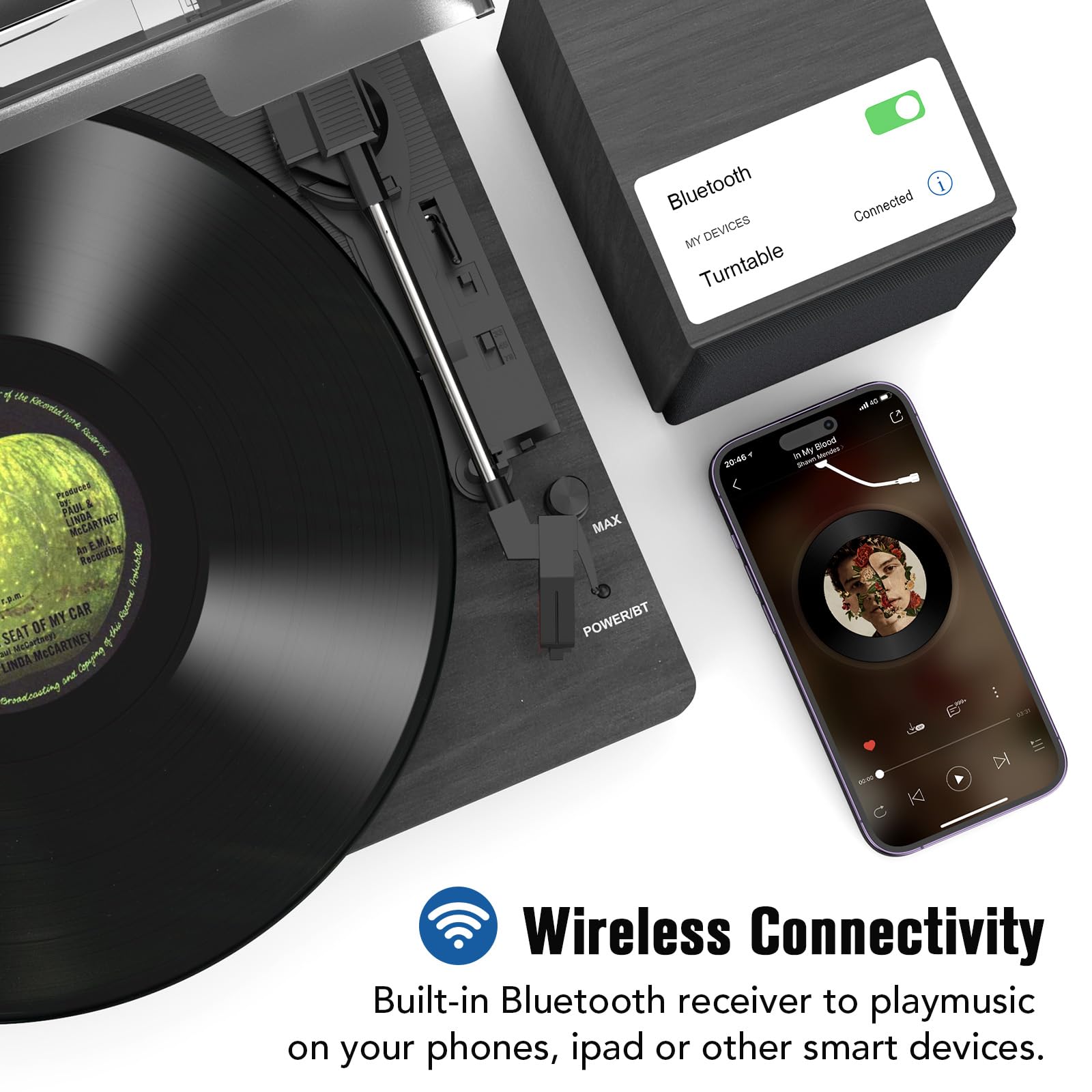 Record Player with Two Speakers Bluetooth Playback Turntable with 3 Speed AUX Headphone Input and RCA Out Black