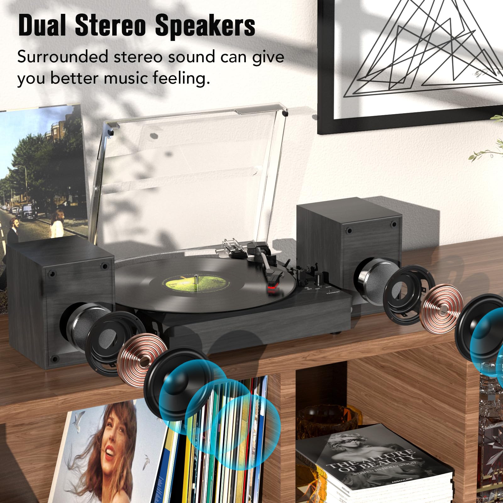 Record Player with Two Speakers Bluetooth Playback Turntable with 3 Speed AUX Headphone Input and RCA Out Black