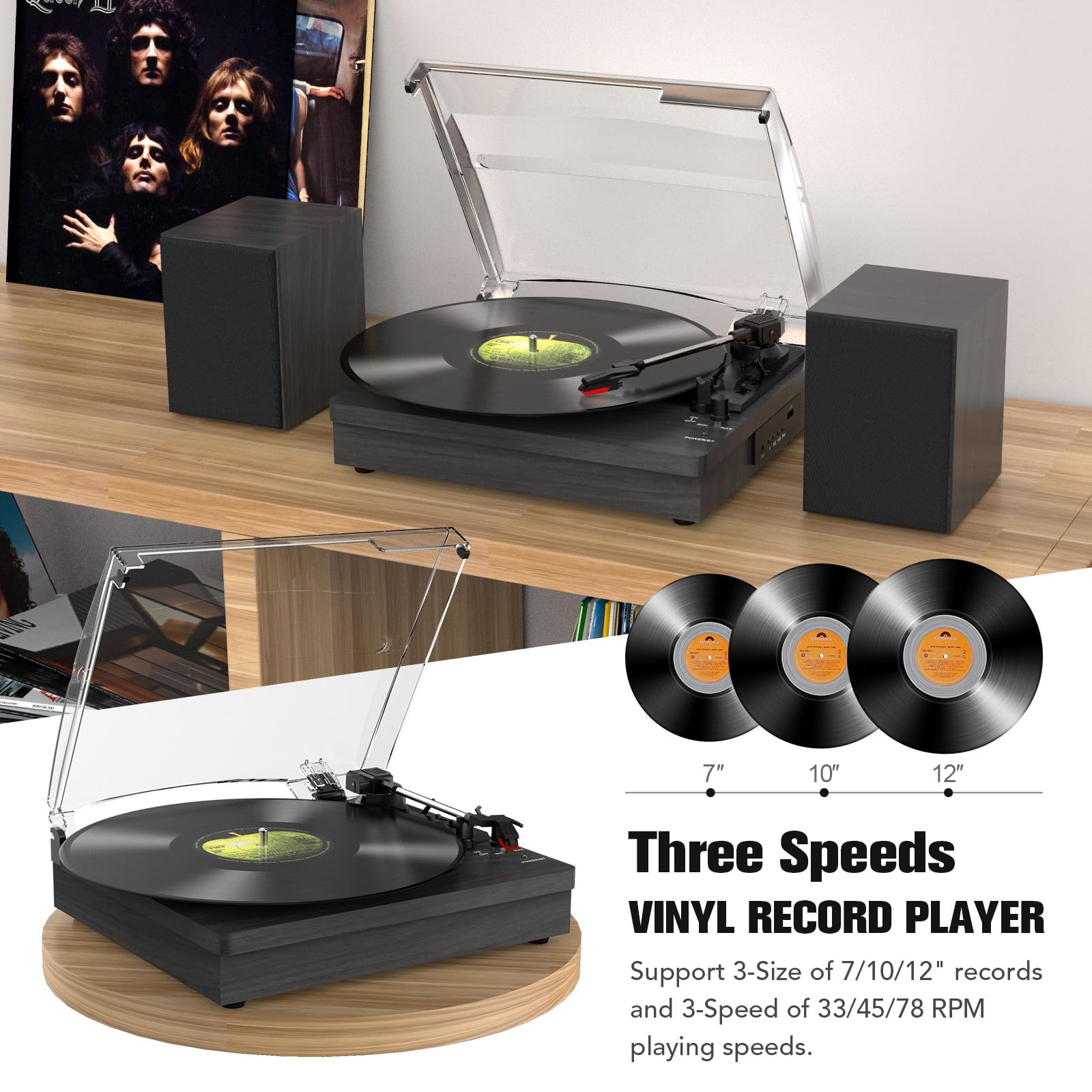 Record Player with Two Speakers Bluetooth Playback Turntable with 3 Speed AUX Headphone Input and RCA Out Black