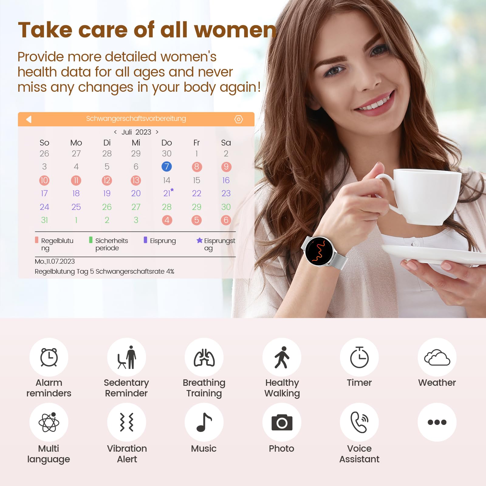 SLOKSFil Watches for Women with Menstrual Cycle Tracker, 1.39” HD Smart Watch, Heart Rate/Sleep Monitor, IP67 Waterproof, Women’s Watch Fitness Tracker Compatible with iOS Android