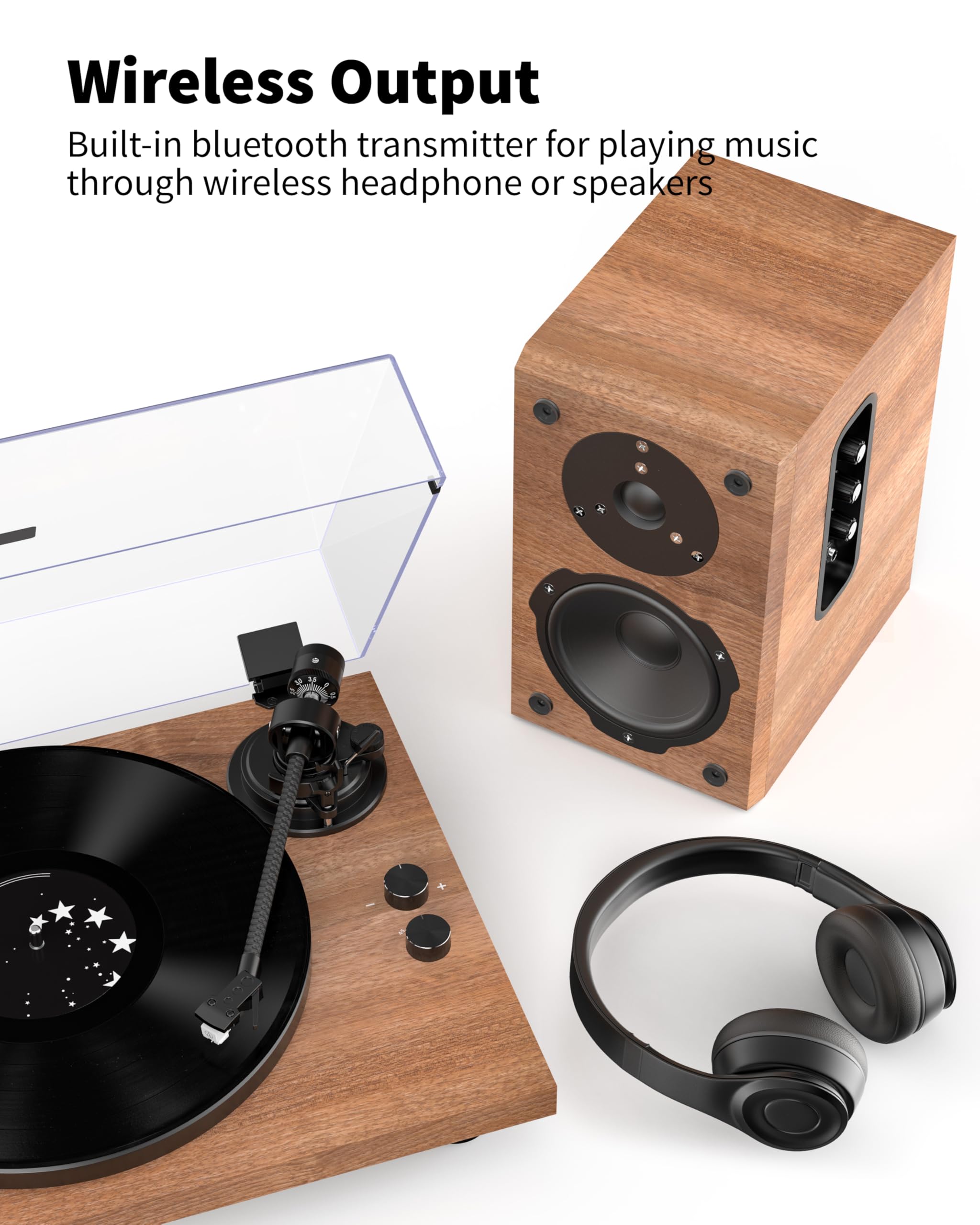 Turntable Belt-Drive Record Player with Bluetooth Output, Vinyl Player Support 2 Speed Variable Pitch Control, Anti-Skate&Installed Counterweight, Magnetic Cartridge, Built-in Preamp Phono/Line Switch