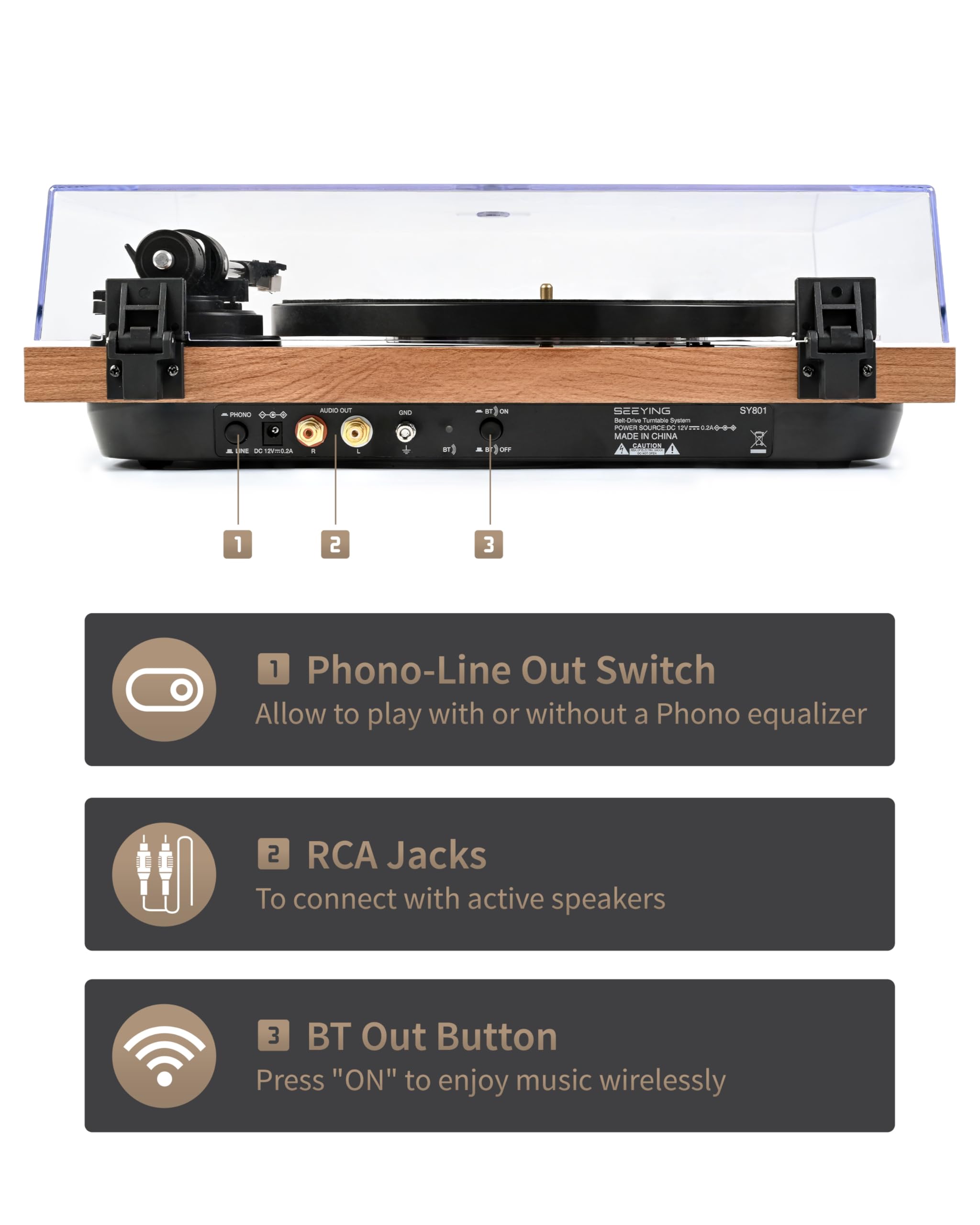 Turntable Belt-Drive Record Player with Bluetooth Output, Vinyl Player Support 2 Speed Variable Pitch Control, Anti-Skate&Installed Counterweight, Magnetic Cartridge, Built-in Preamp Phono/Line Switch