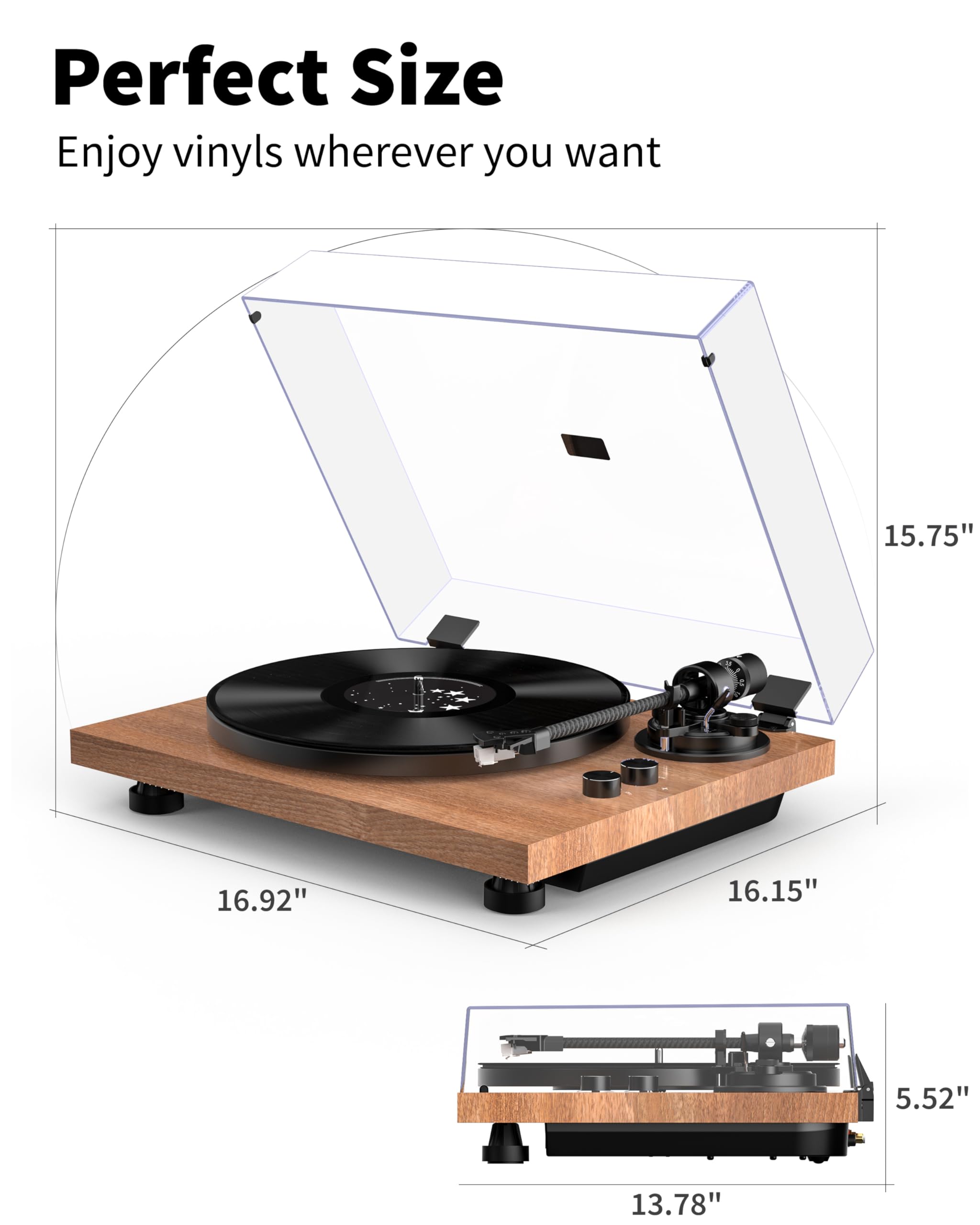 Turntable Belt-Drive Record Player with Bluetooth Output, Vinyl Player Support 2 Speed Variable Pitch Control, Anti-Skate&Installed Counterweight, Magnetic Cartridge, Built-in Preamp Phono/Line Switch