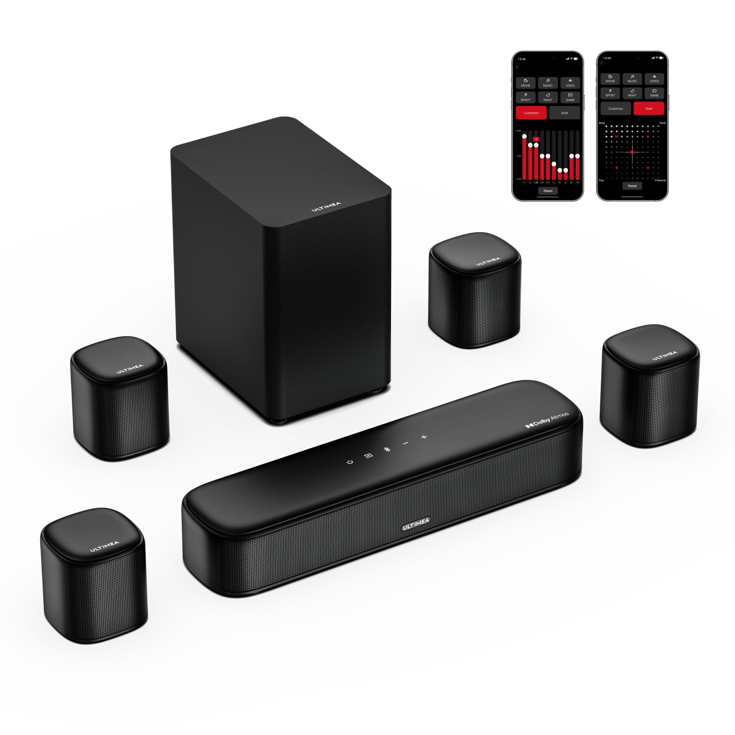 ULTIMEA 7.1ch Sound Bar with Dolby Atmos, Surround Sound System for TV with 4 Surround Speakers, Sound Bar for Smart TV with App Control, Soundbar with Subwoofer for Home Theater, HDMI eARC, Aura A60