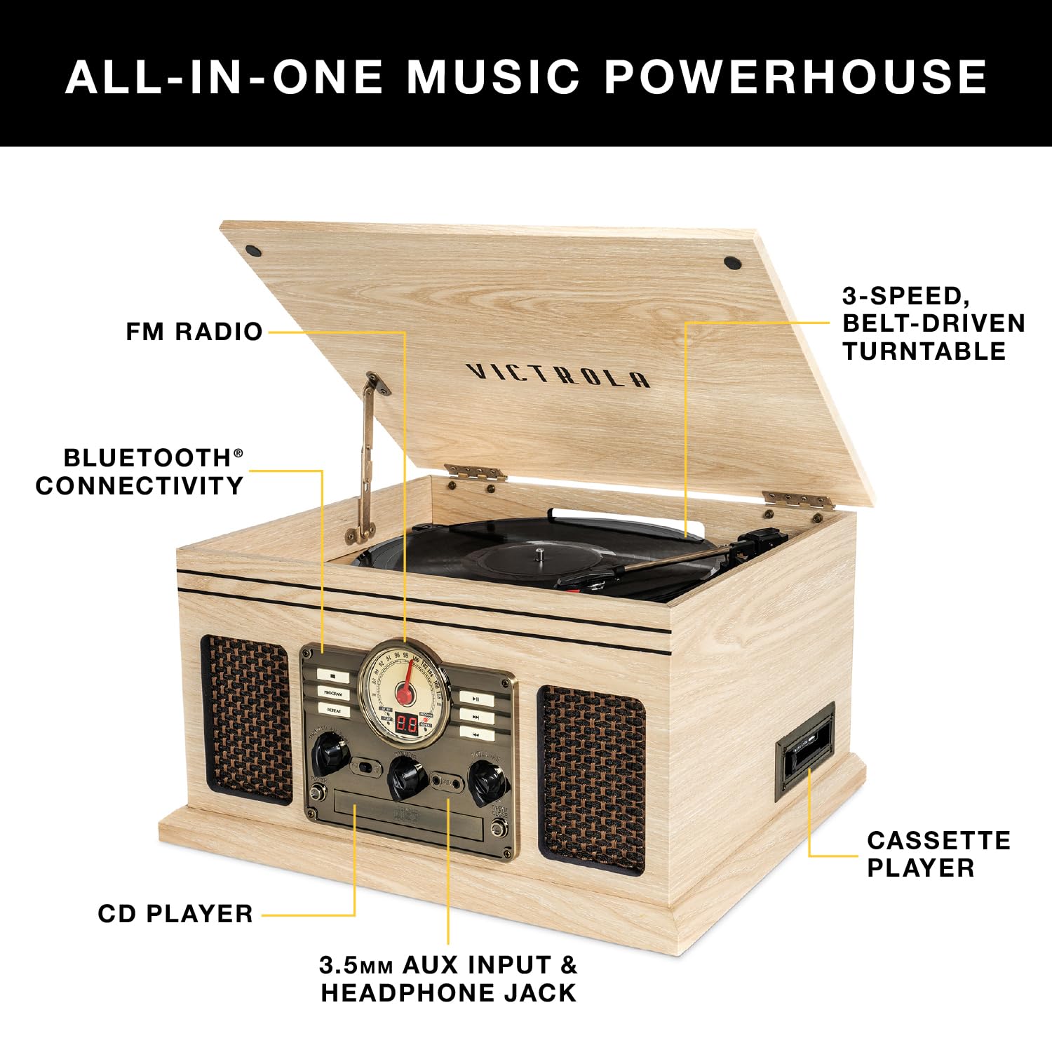 Victrola Nostalgic 6-in-1 Bluetooth Record Player & Multimedia Center with Built-in Speakers - 3-Speed Turntable, CD & Cassette Player, AM/FM Radio, Wireless Music Streaming, Espresso