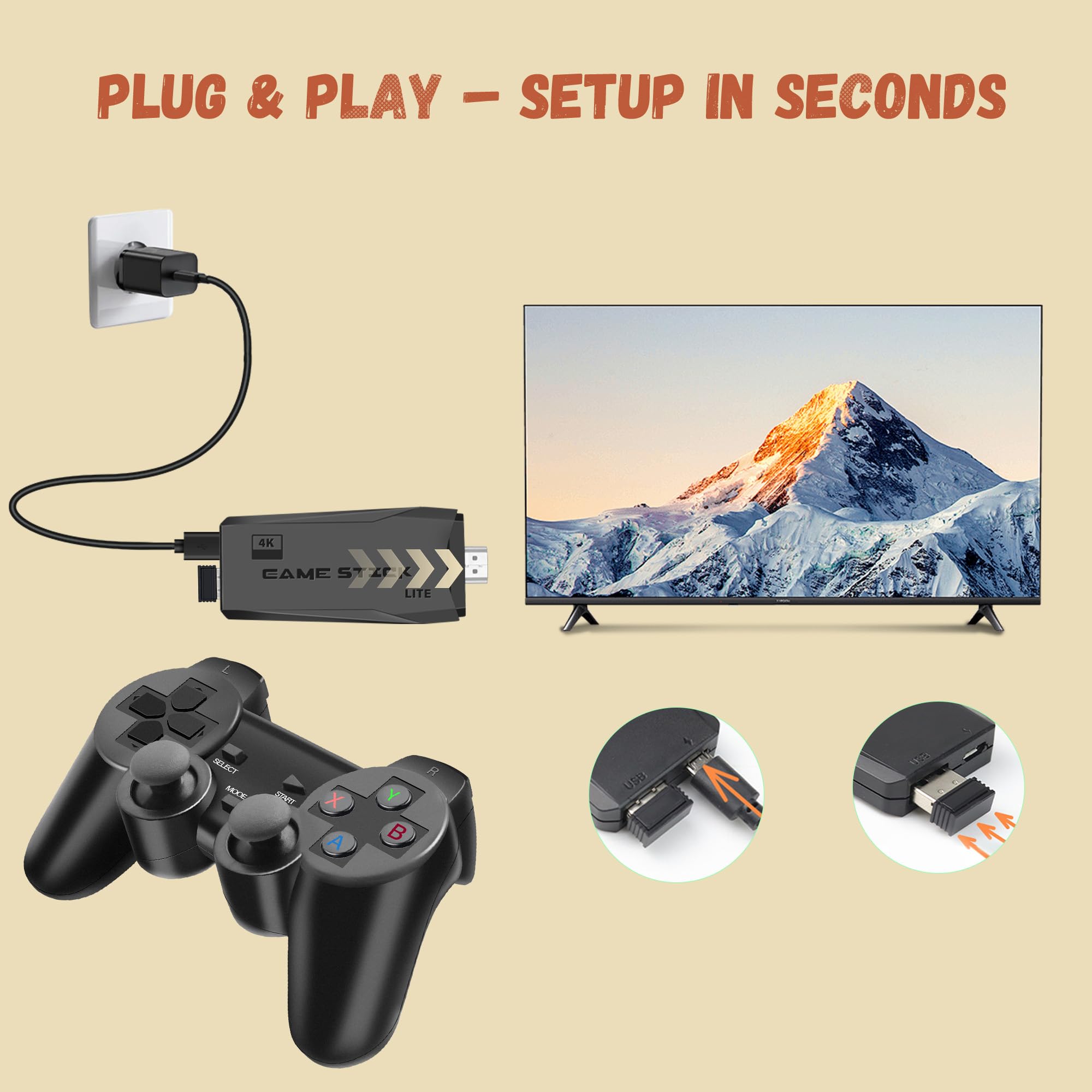Wireless Retro Game Console, Retro Game Stick with Built-in 23 Emulators, 40,000+ Games, 4k Hdmi Output, and 2.4GHz Wireless Controller, Plug and Retro Play Video Games for Tv (64 GB)