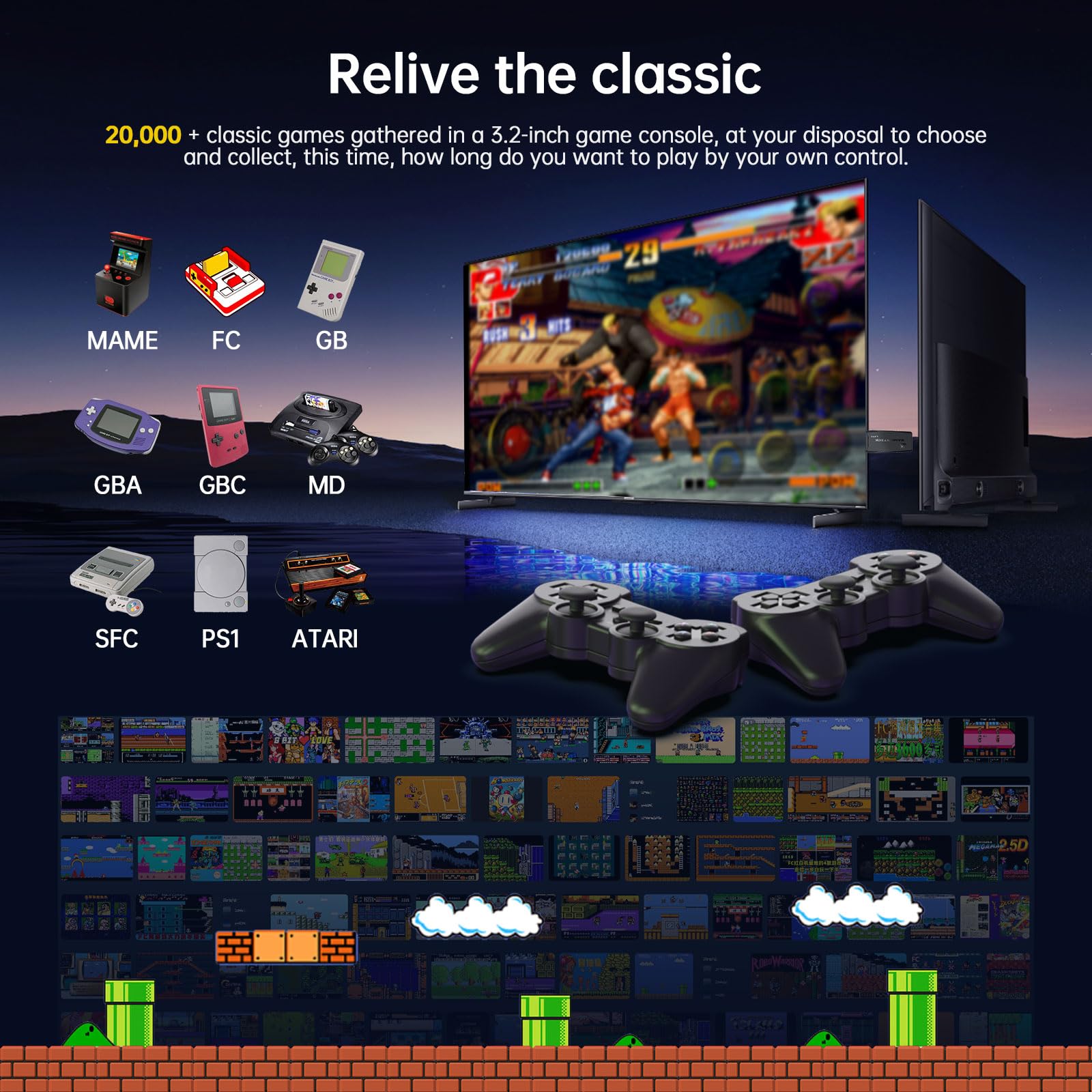 Wireless Retro Game Console, Retro Game Stick with Built-in 9 Emulators, 64GB,20,000+ Games, 4k Definition, and 2.4GHz Wireless Controller, Plug and Retro Play Video Games for TV(Black) One