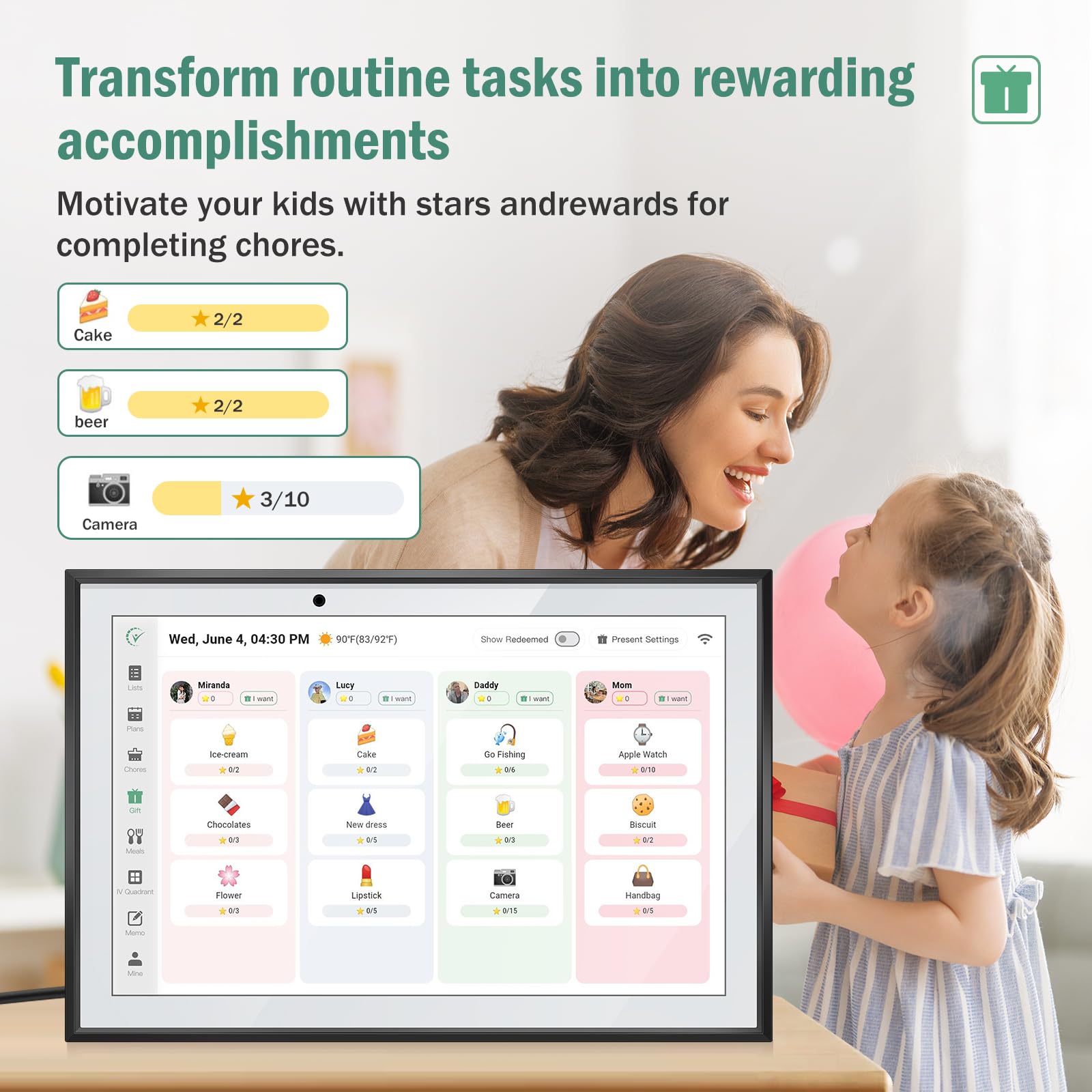 10.1 - Inch WiFi Smart Touchscreen Digital Desk Calendar: Two - Way Sync with Multiple Phones, Chore Charts, Achievement Rewards, AI - Generated Meal Planning, Interactive Family Schedule Display and Cloud Photo