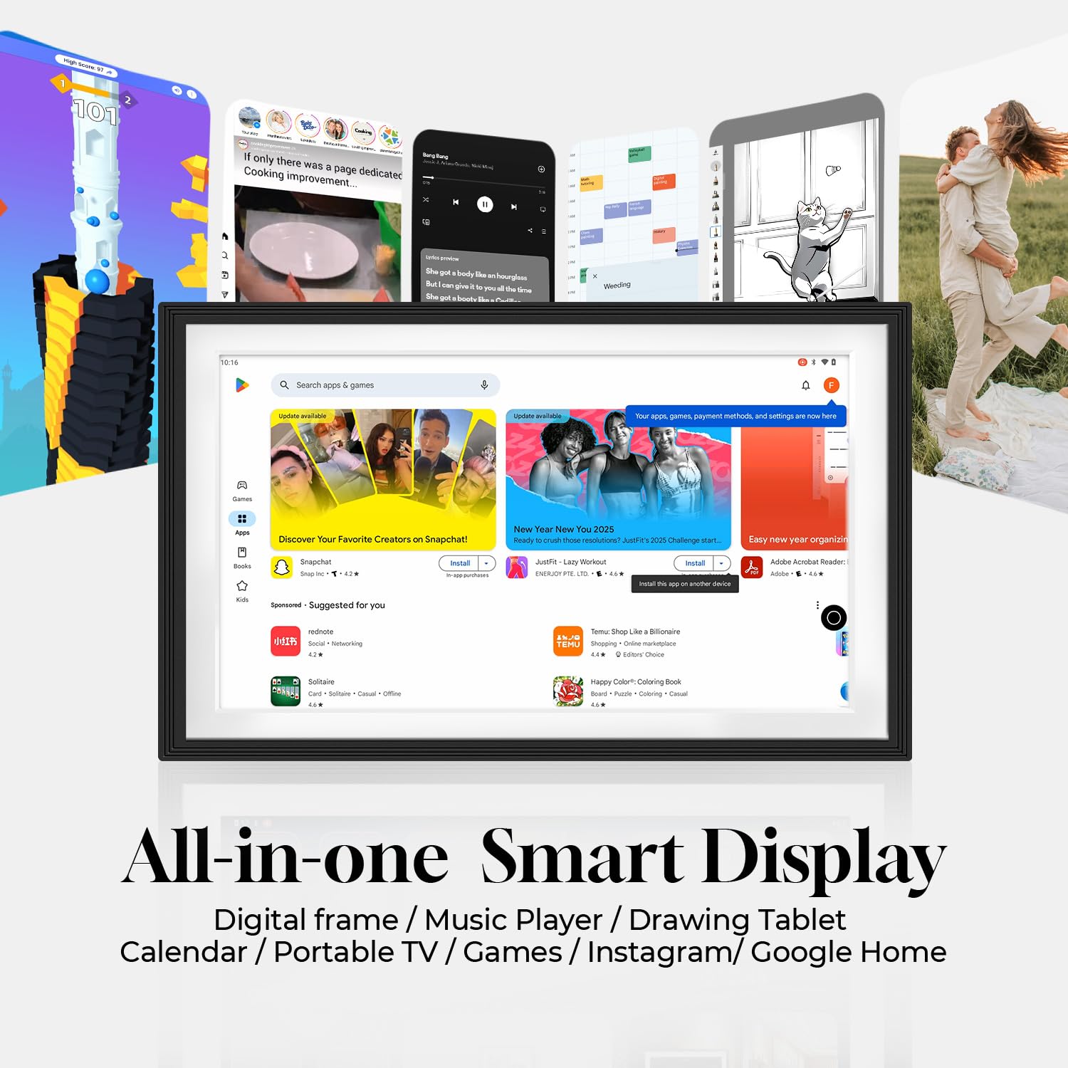 10.1”All-in-one Smart Display with Anti-Glare Touchscreen | Google Digital Calendar,Voice Assistant&Home hub | Wall-Mount Digital Picture Frame | Portable TV | Install Google Play Apps