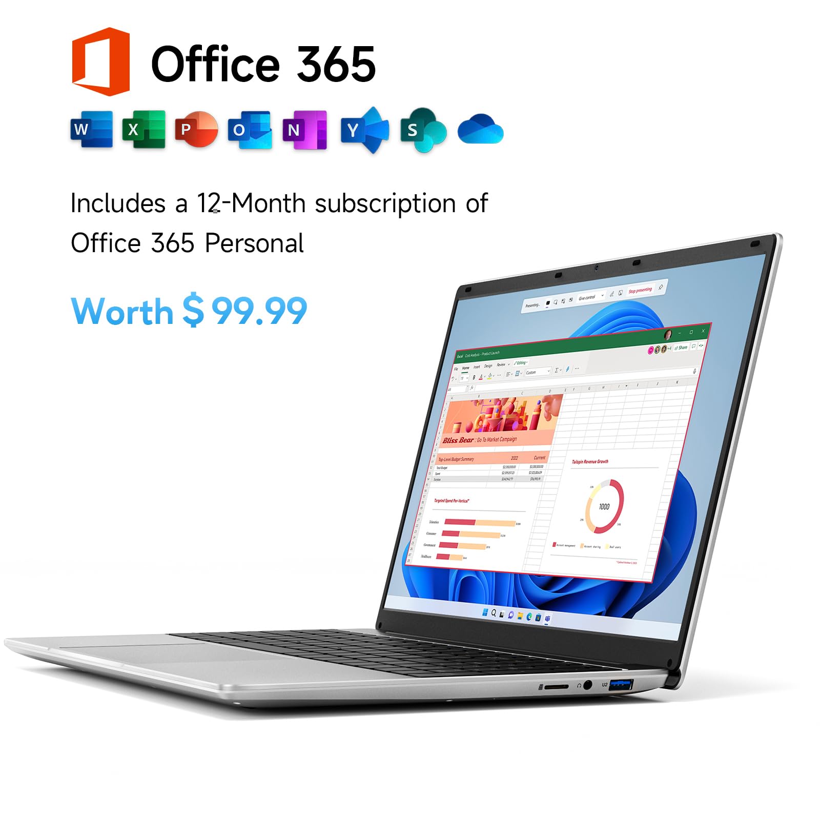 15.6 Inch Laptop with Office 365, 4GB RAM, 128GB Storage Expandable 1TB, 5205U Processor, HD Display, Windows 11 Laptops Computer, Wi-Fi 5, BT4.2, Numpad, Type-C, for Business and Students.