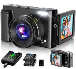 4K Digital Camera for Photography Autofocus, 2024 Latest 48MP Vlogging Camera for YouTube with SD Card, 2 Batteries, 3″ 180°Flip Screen Compact Travel Camera for Teens with 16X Zoom, Anti-Shake,Black